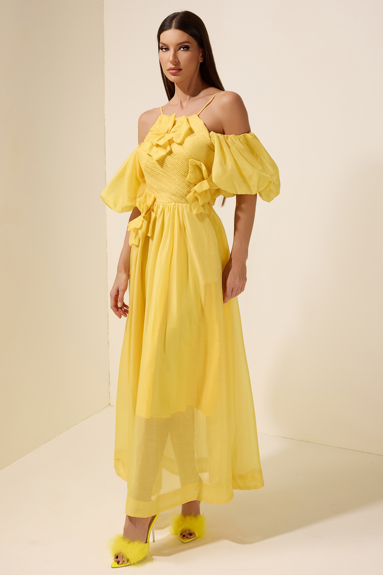 Chiffon Off Shoulder 3D Flower Maxi Dress