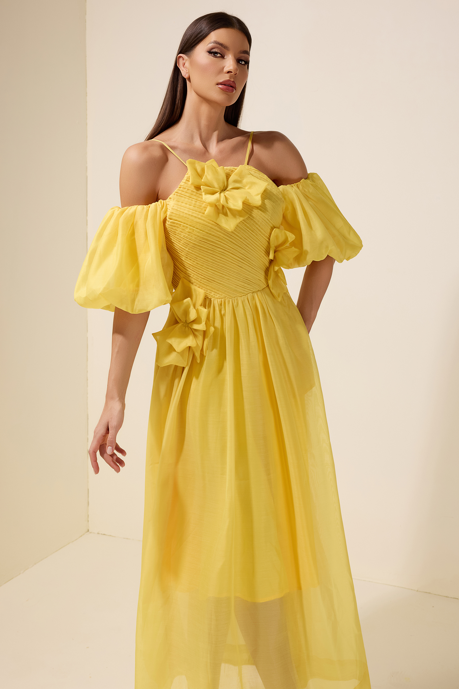 Chiffon Off Shoulder 3D Flower Maxi Dress