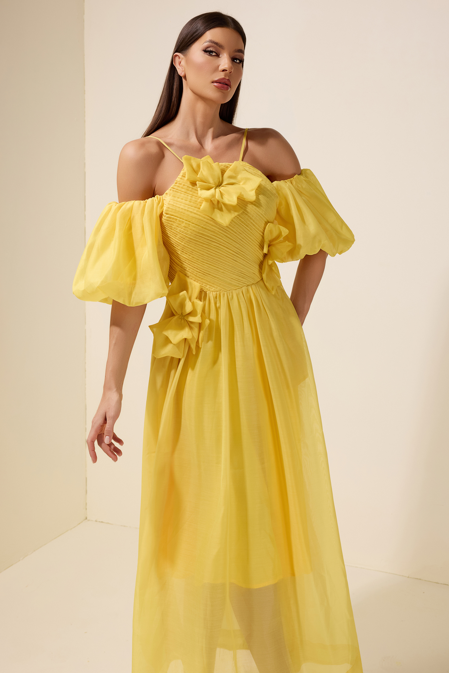 Chiffon Off Shoulder 3D Flower Maxi Dress