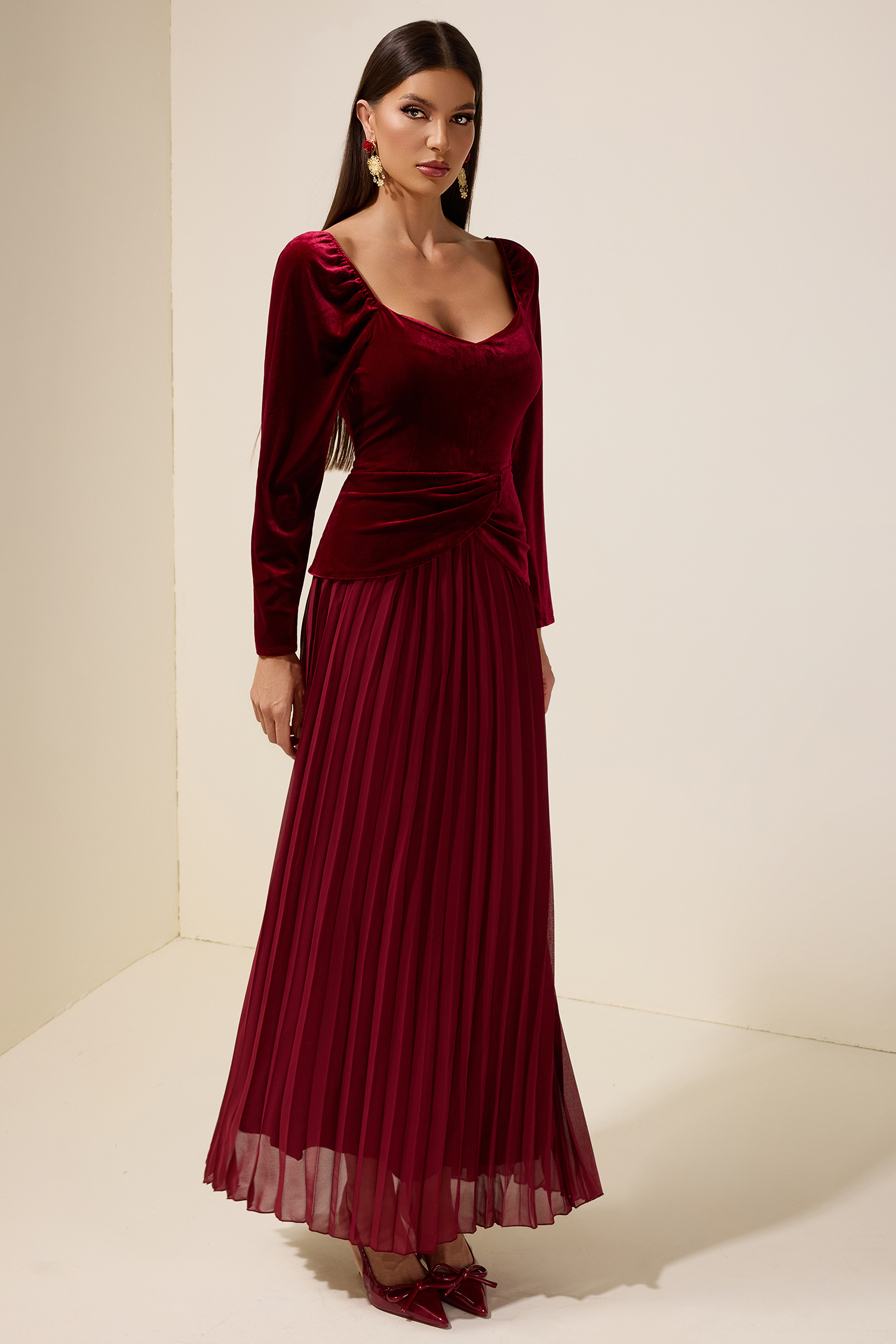 Velvet Chiffon Pleated Midi Dress