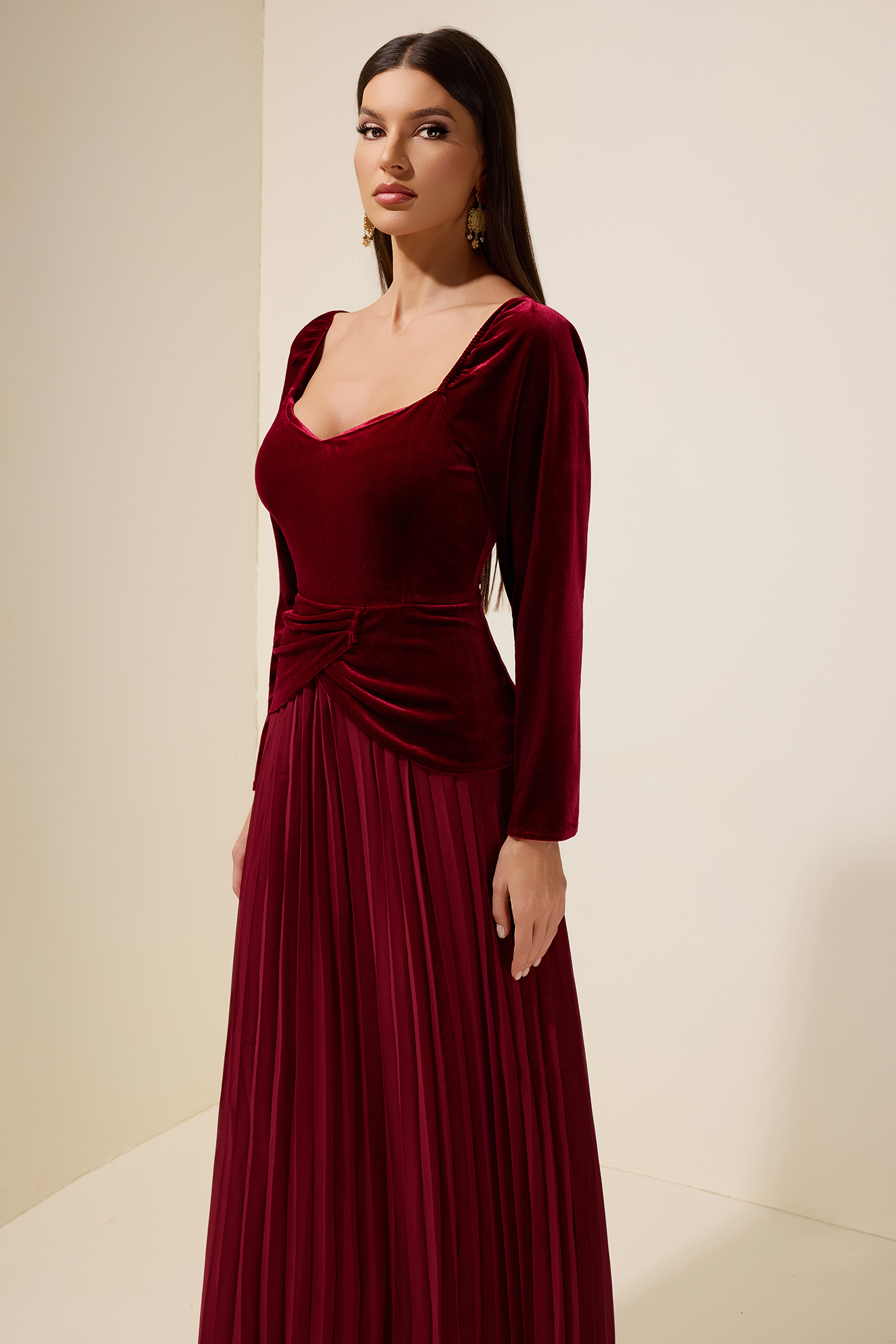 Velvet Chiffon Pleated Midi Dress