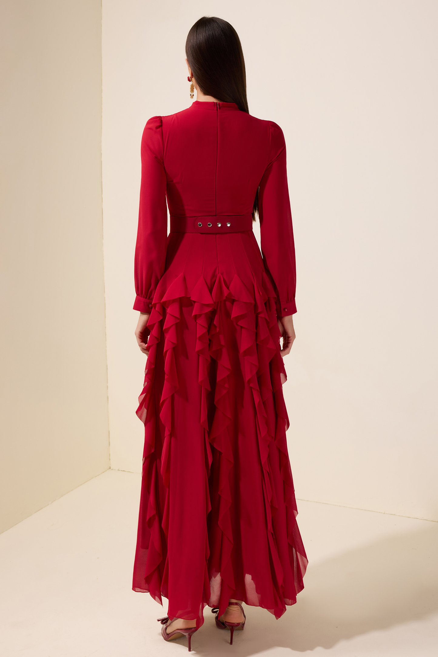 Chiffon Frill Beads Maxi Dress