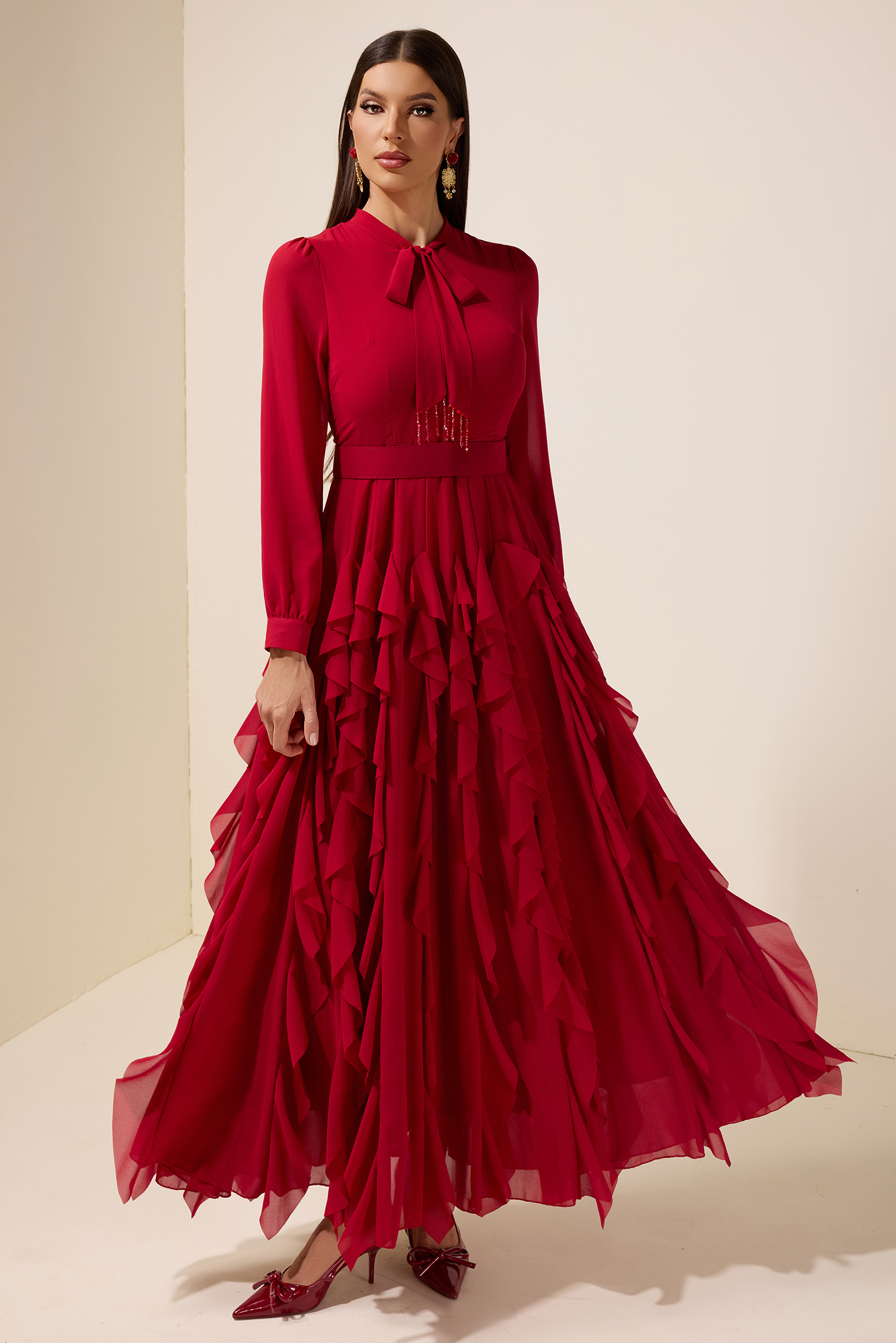 Chiffon Frill Beads Maxi Dress