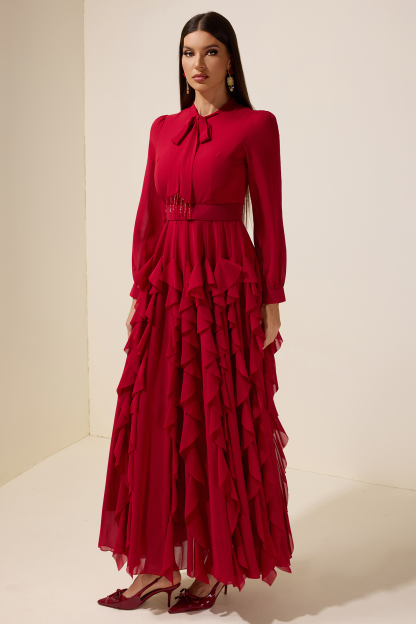 Chiffon Frill Beads Maxi Dress