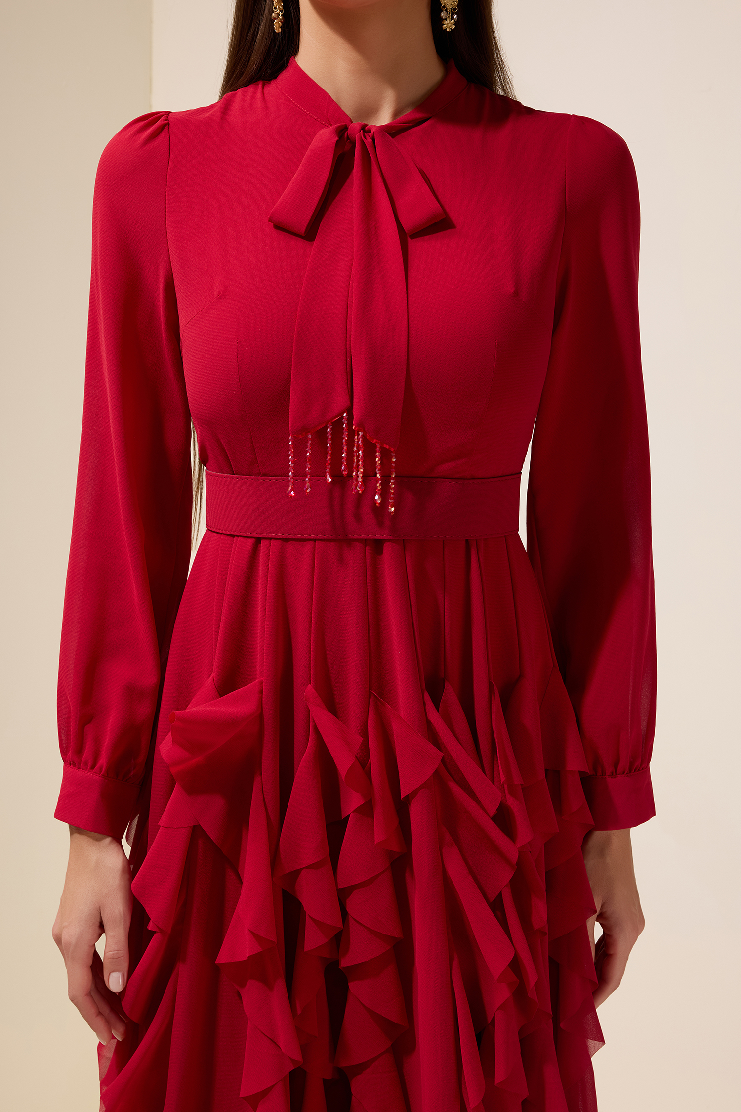 Chiffon Frill Beads Maxi Dress