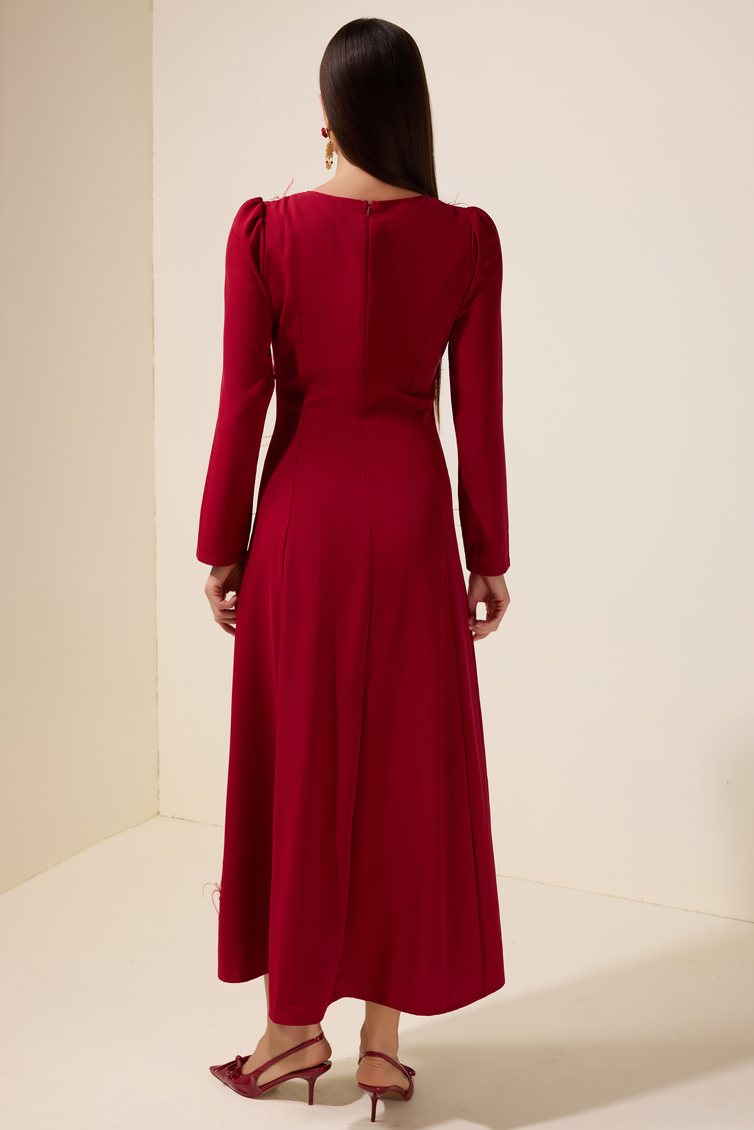 Feather Rhinestone Rivets Long Sleeve Maxi Dress