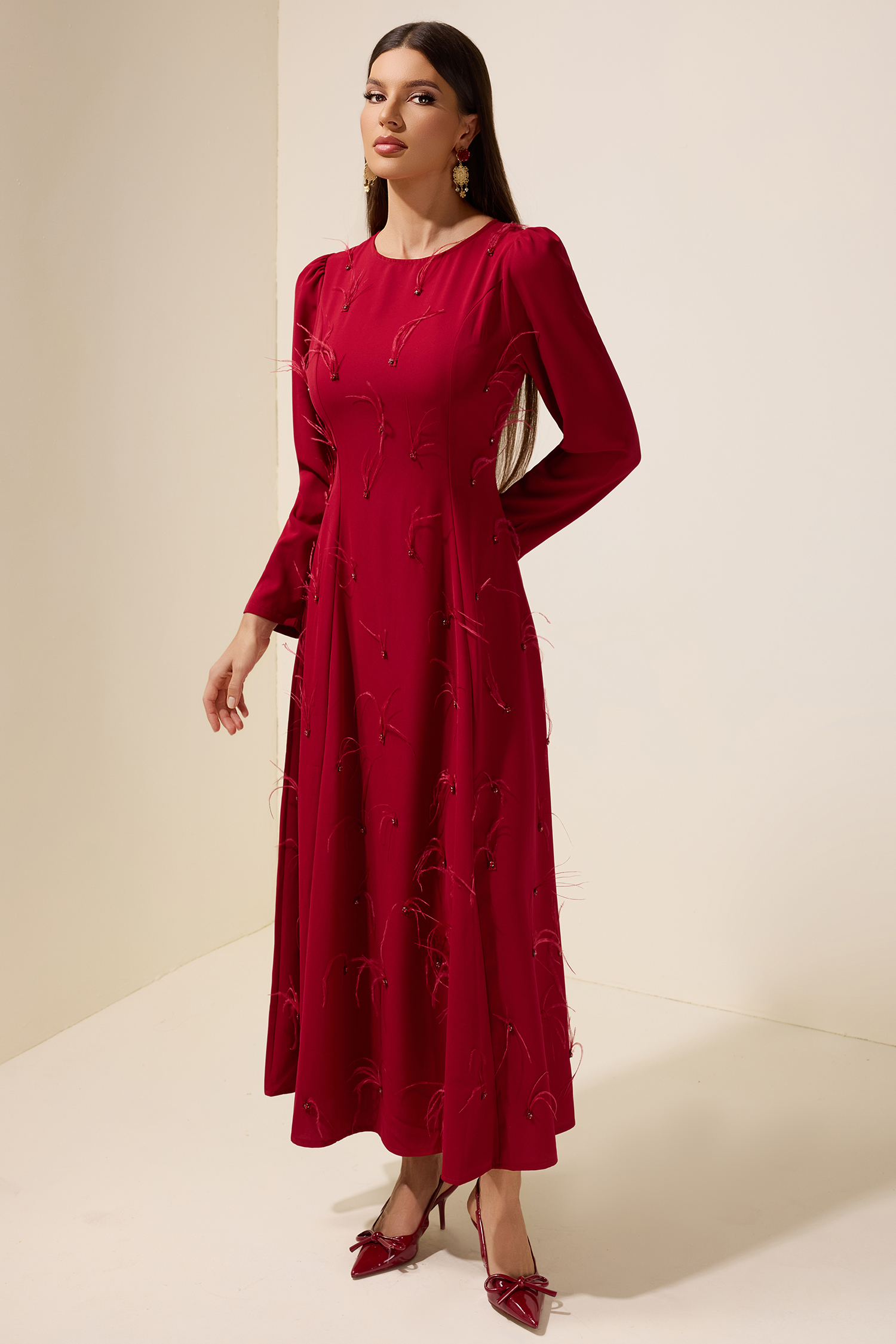Feather Rhinestone Rivets Long Sleeve Maxi Dress