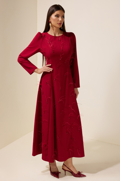 Feather Rhinestone Rivets Long Sleeve Maxi Dress