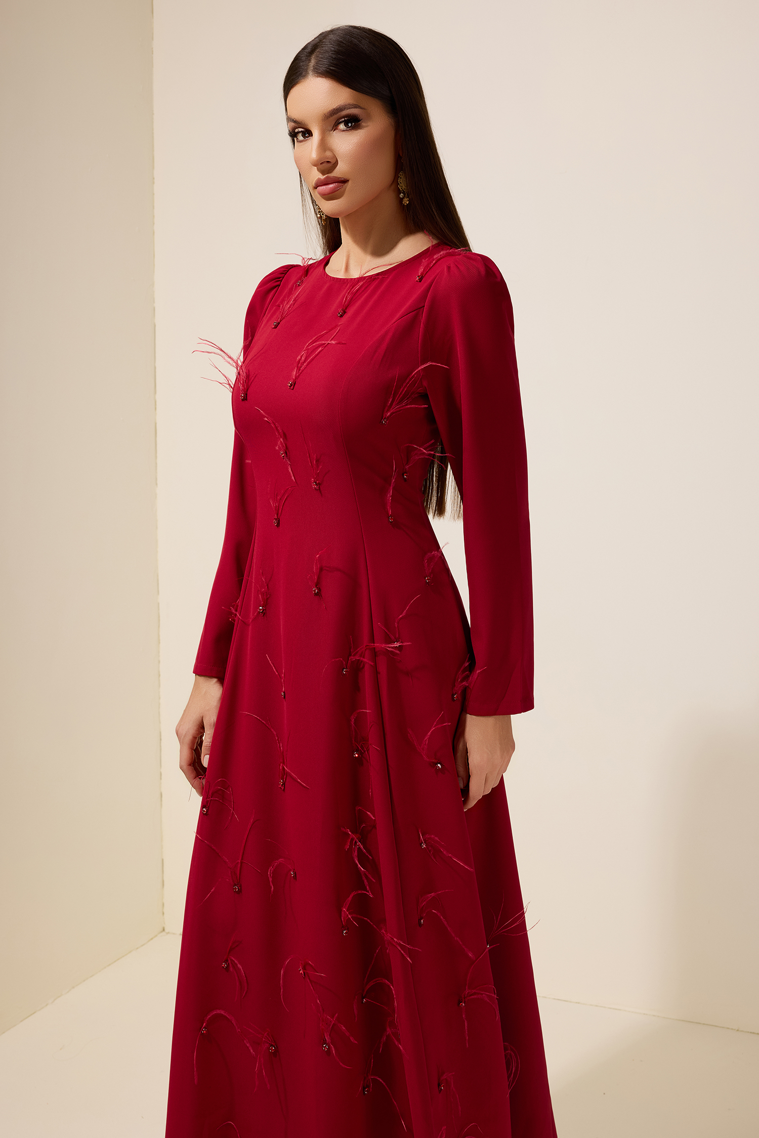 Feather Rhinestone Rivets Long Sleeve Maxi Dress