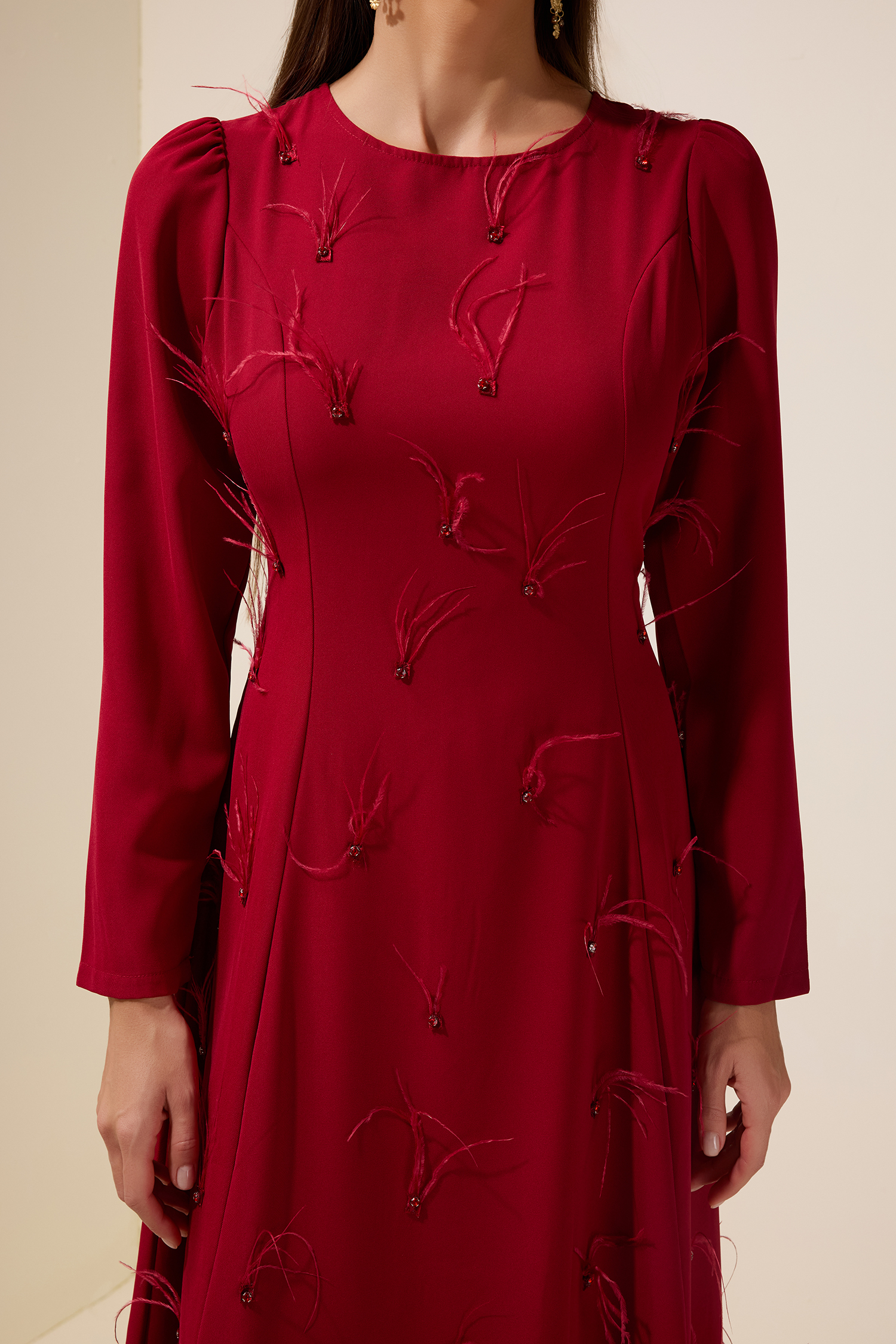 Feather Rhinestone Rivets Long Sleeve Maxi Dress