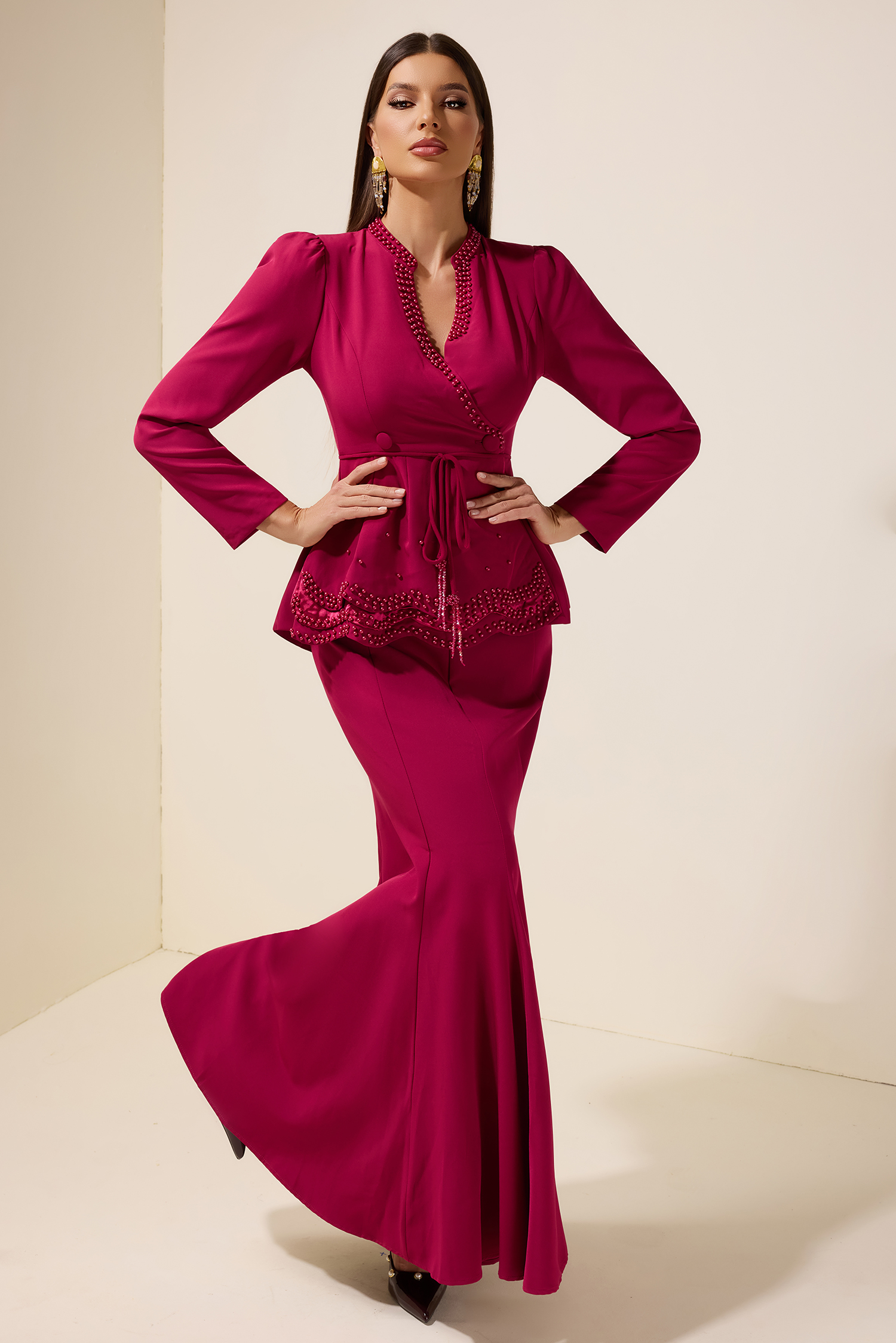 Faux Pearl Top With Belt & High Waist Maxi Skirt Set