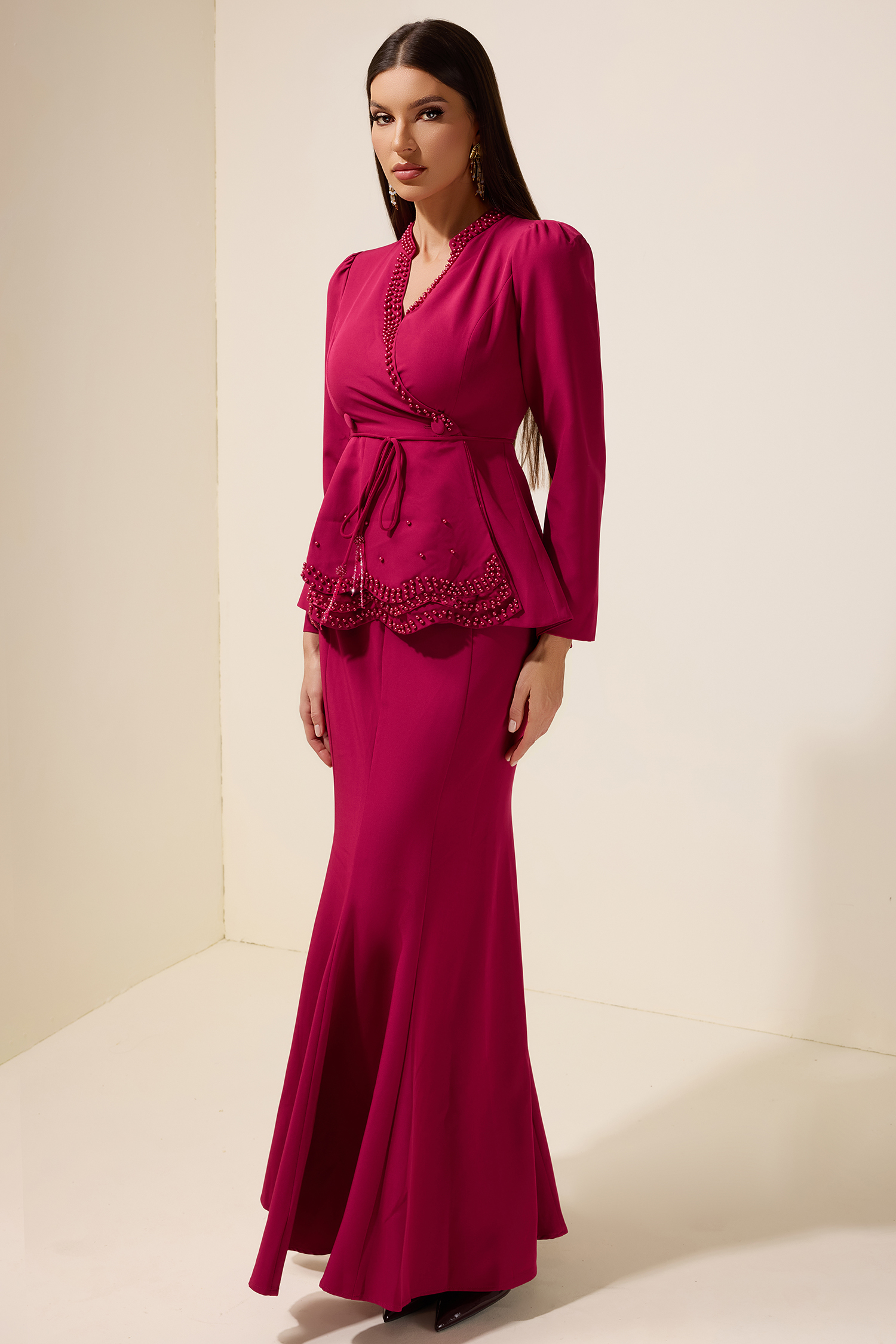 Faux Pearl Top With Belt & High Waist Maxi Skirt Set