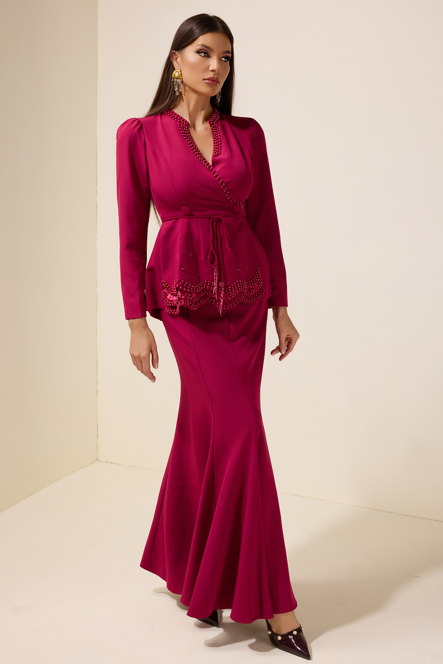 Faux Pearl Top With Belt & High Waist Maxi Skirt Set