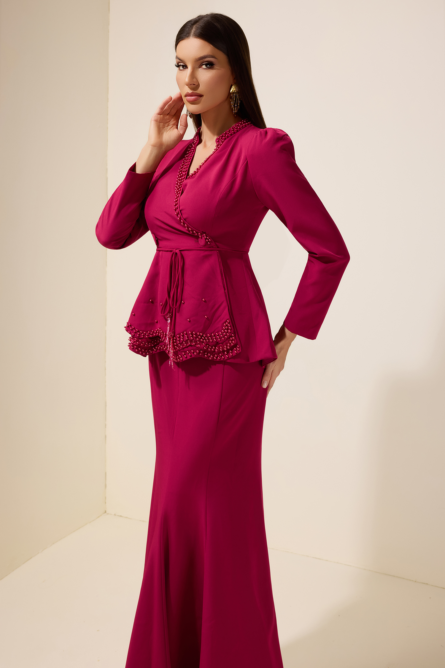 Faux Pearl Top With Belt & High Waist Maxi Skirt Set