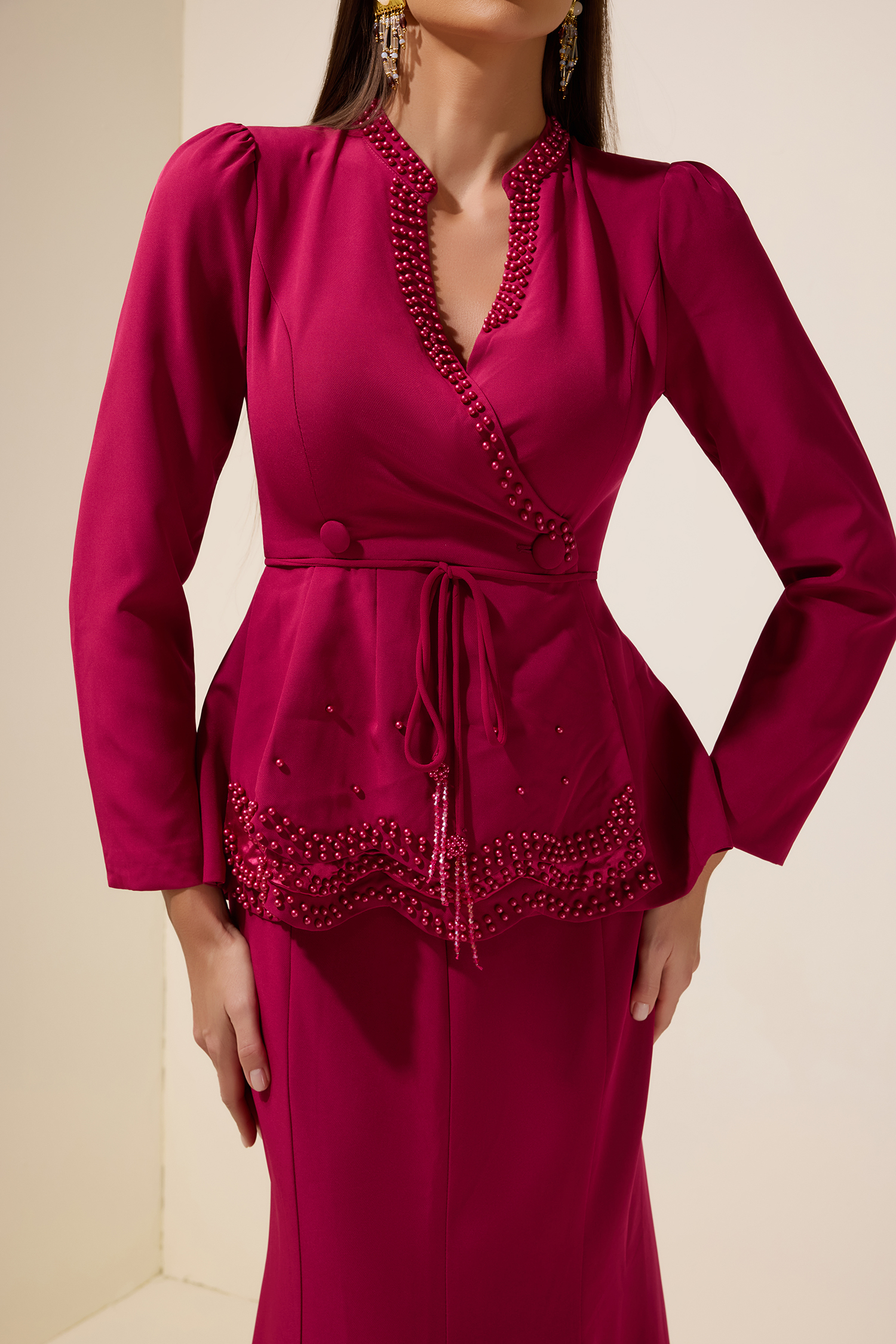 Faux Pearl Top With Belt & High Waist Maxi Skirt Set