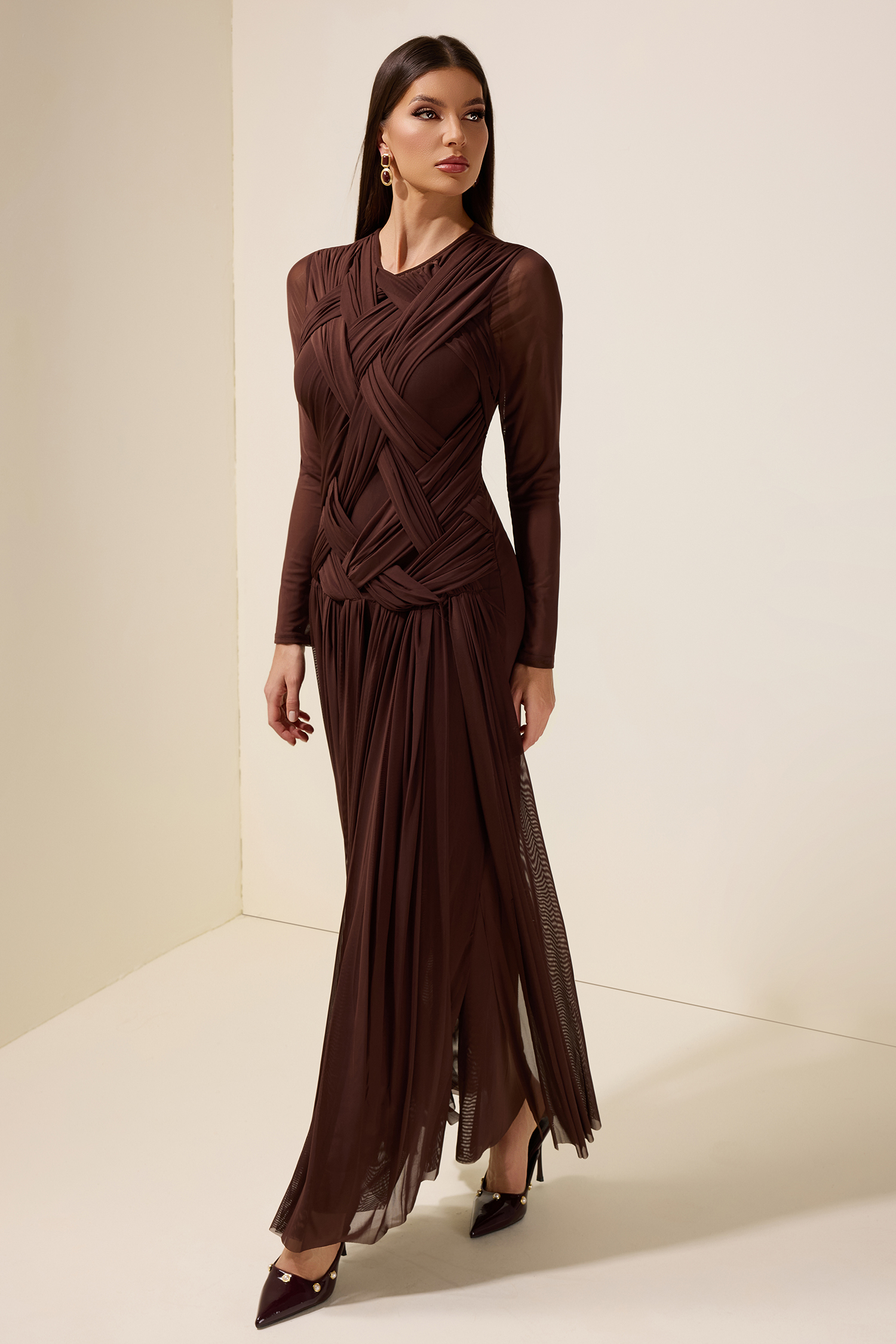 Mesh Woven Long Sleeve Maxi Dress