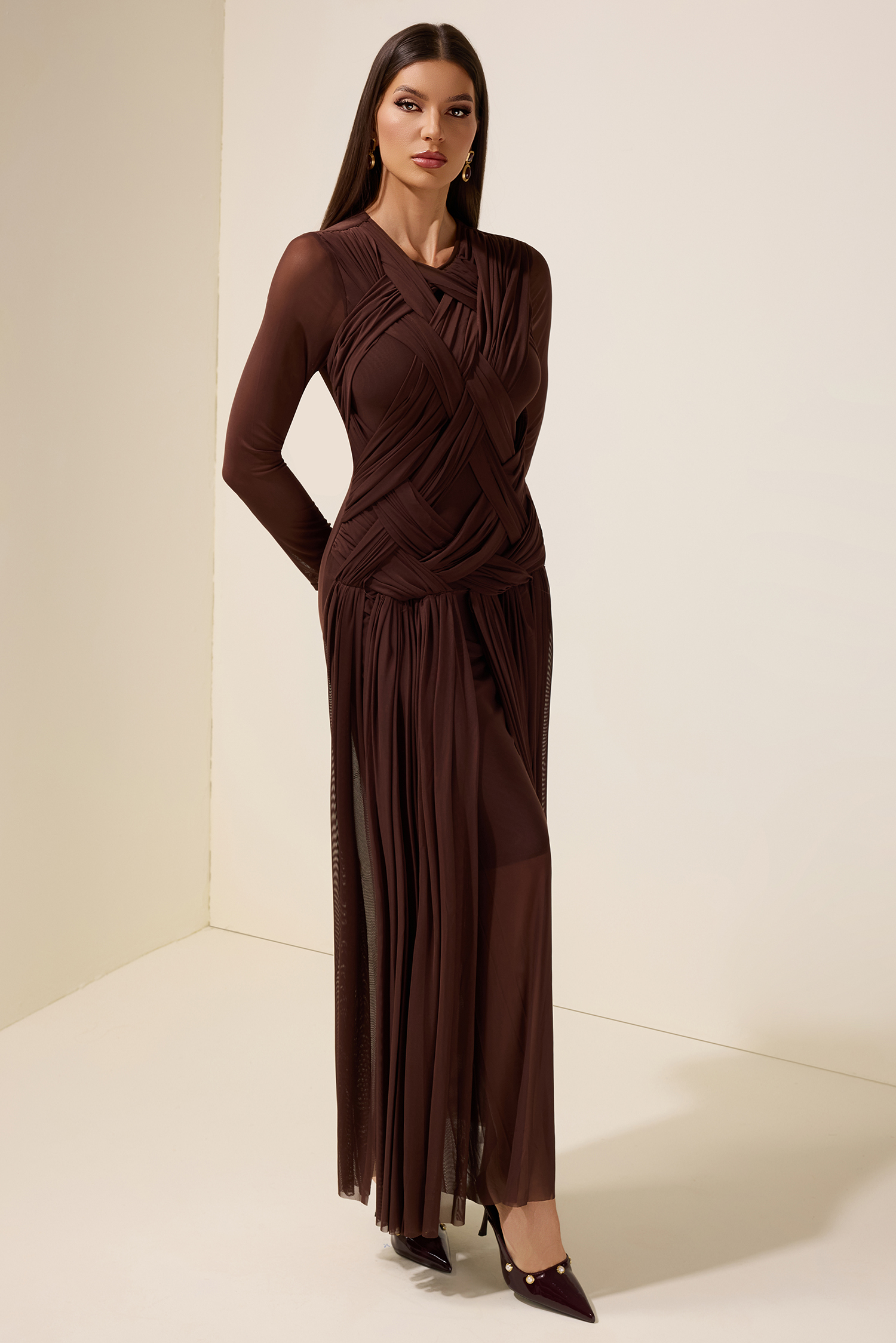 Mesh Woven Long Sleeve Maxi Dress