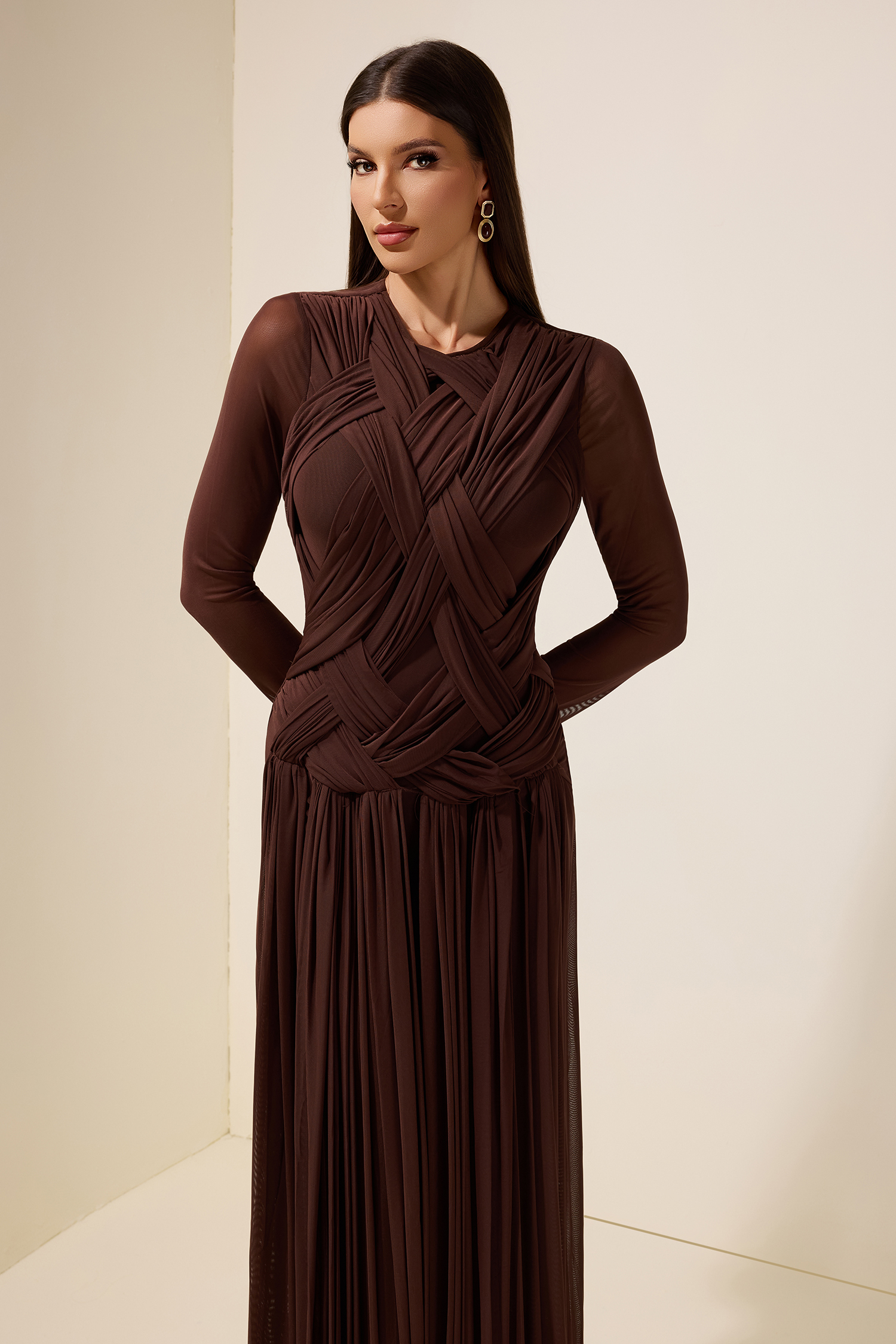 Mesh Woven Long Sleeve Maxi Dress