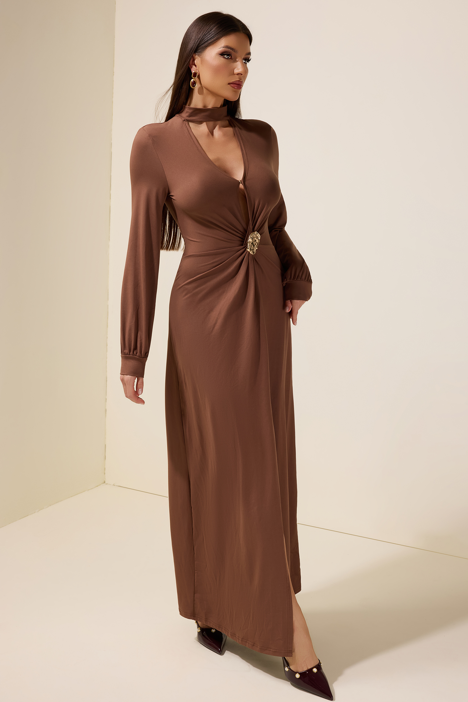 Jersey Metal Embellishment Lantern Sleeve Maxi Dress
