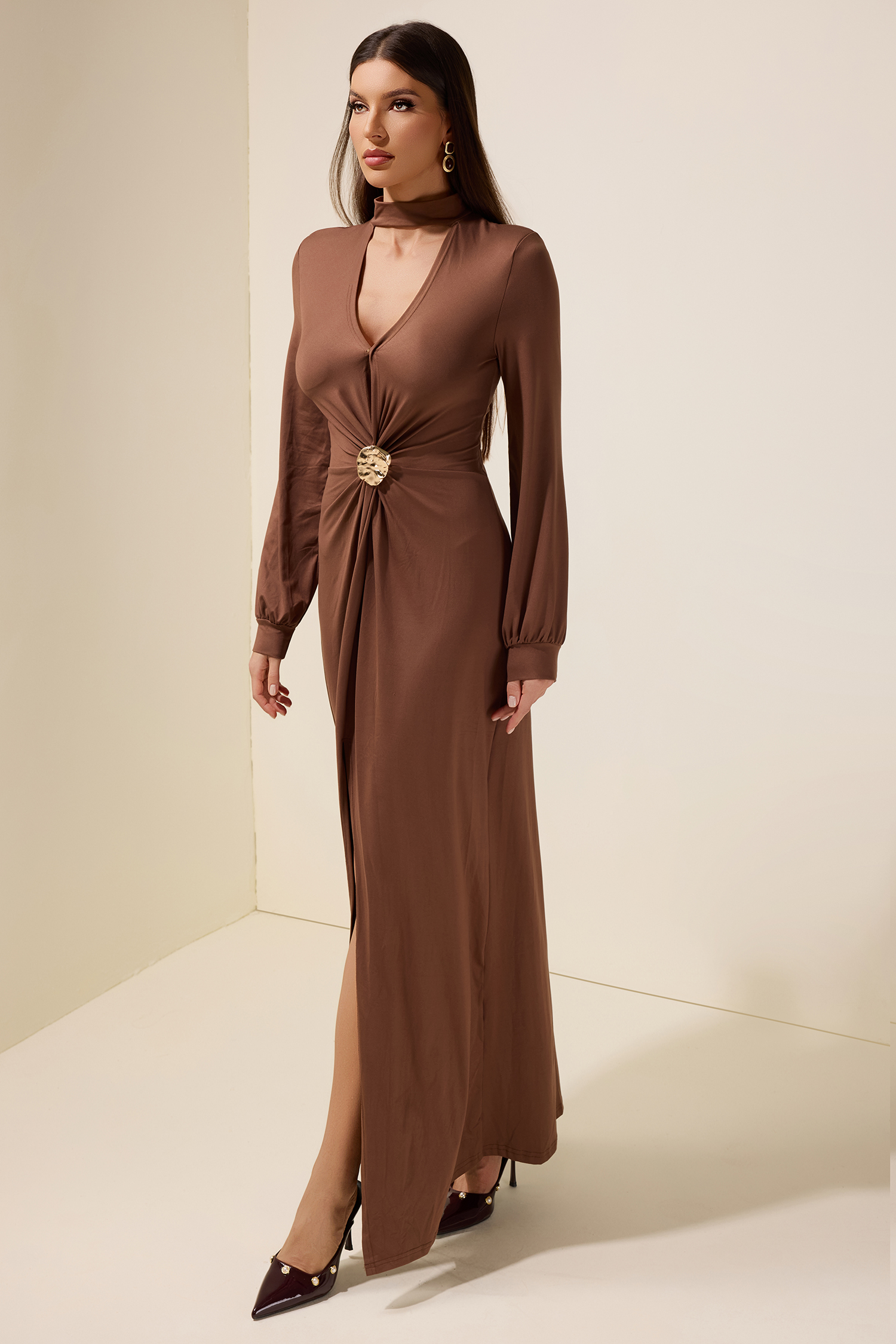 Jersey Metal Embellishment Lantern Sleeve Maxi Dress