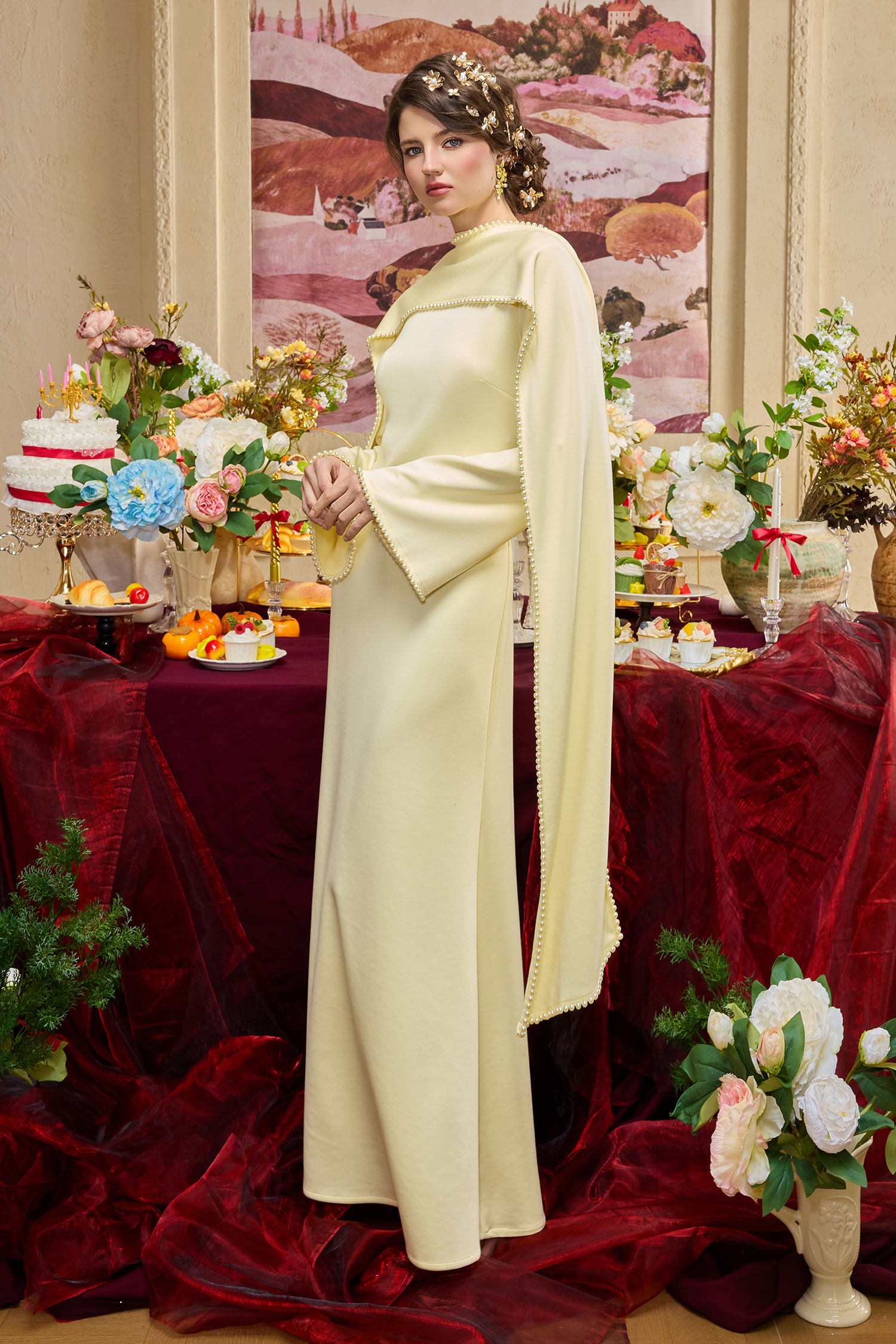 Solid Long Sleeve Faux Pearl Maxi Dress