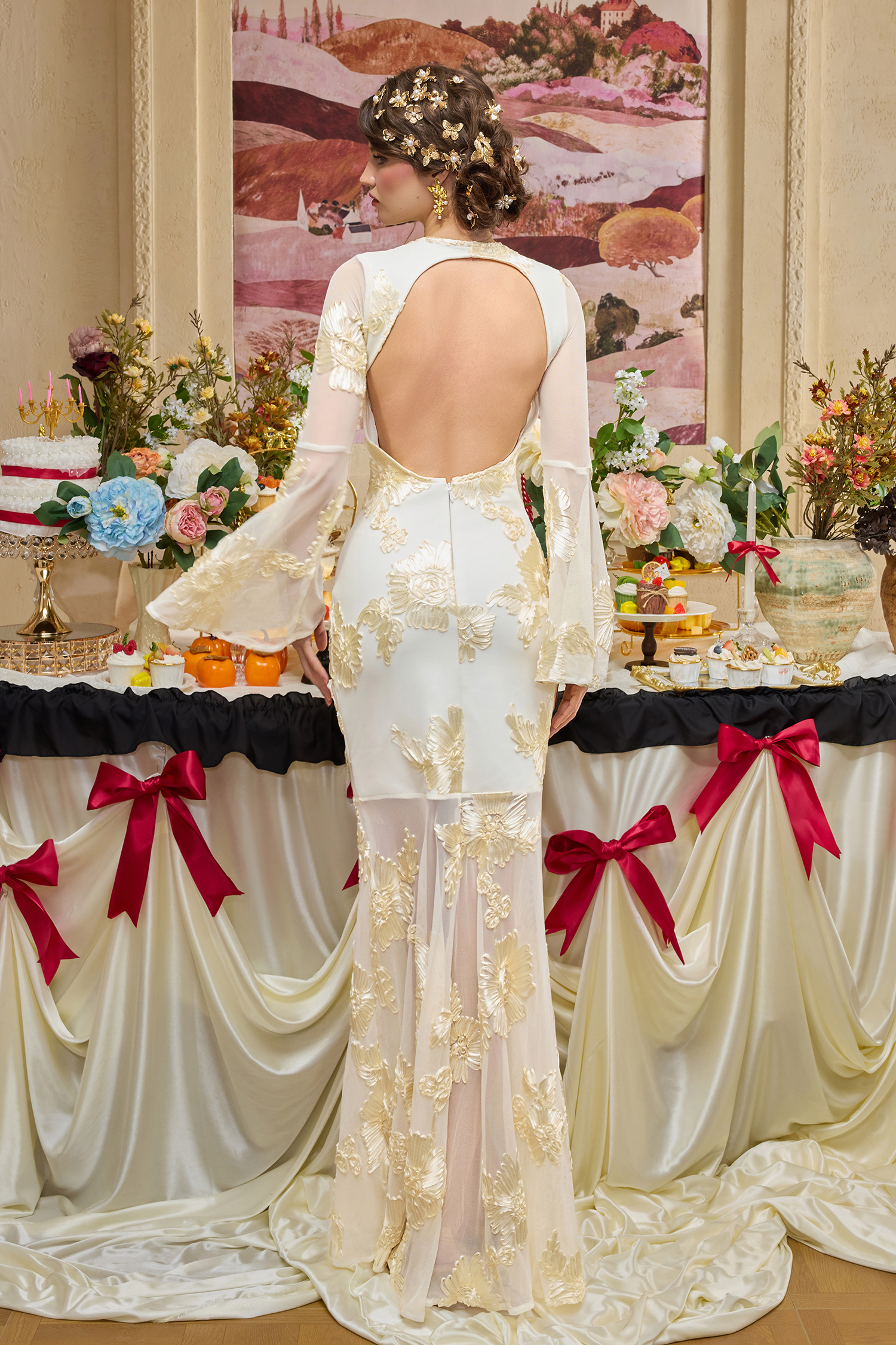 Mesh Embroidered Bell Sleeve Maxi Dress