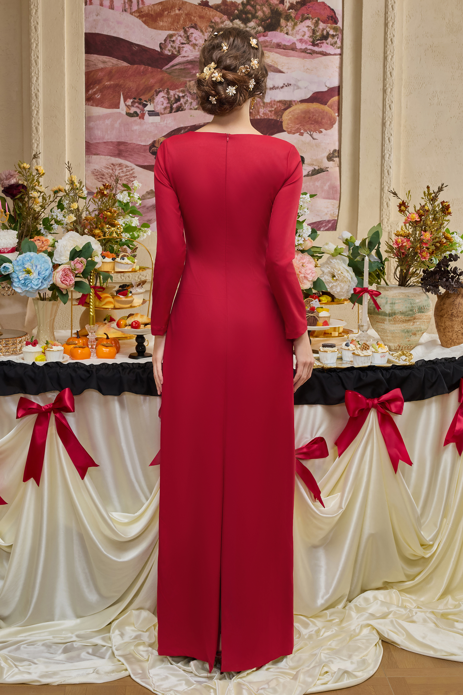 3D Flower Solid Long Sleeve Maxi Dress