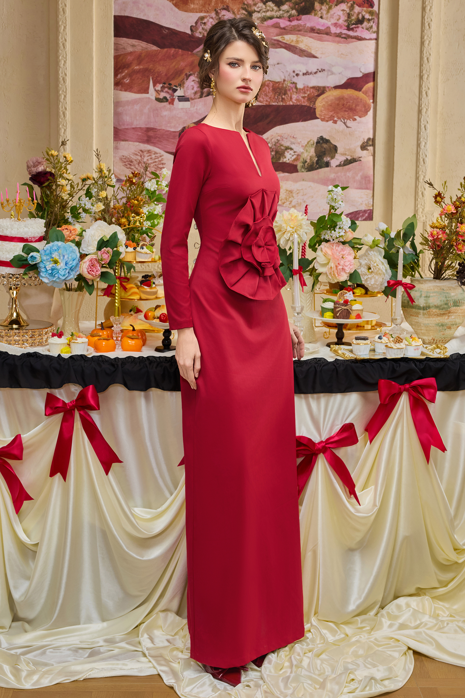 3D Flower Solid Long Sleeve Maxi Dress