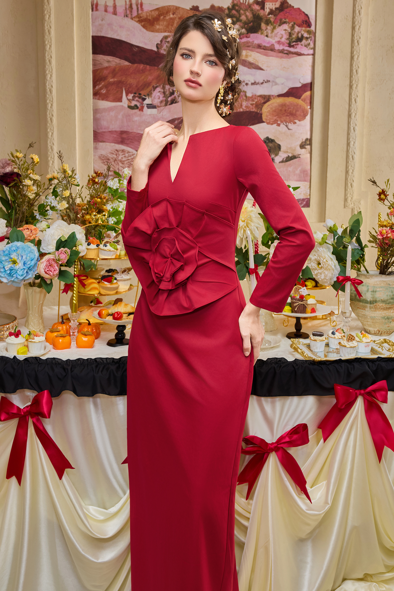 3D Flower Solid Long Sleeve Maxi Dress