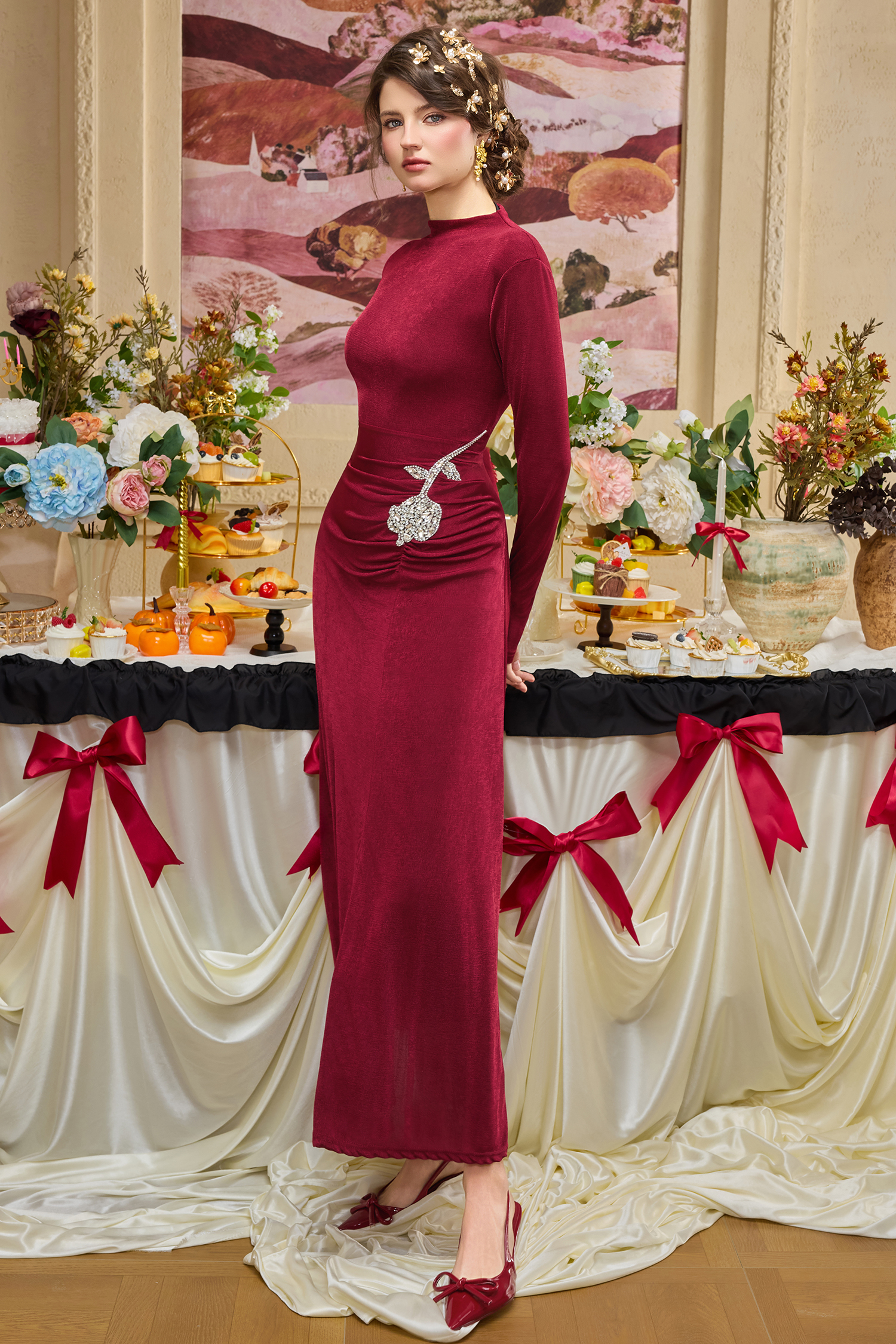 Jersey Rhinestone Gathering Maxi Dress