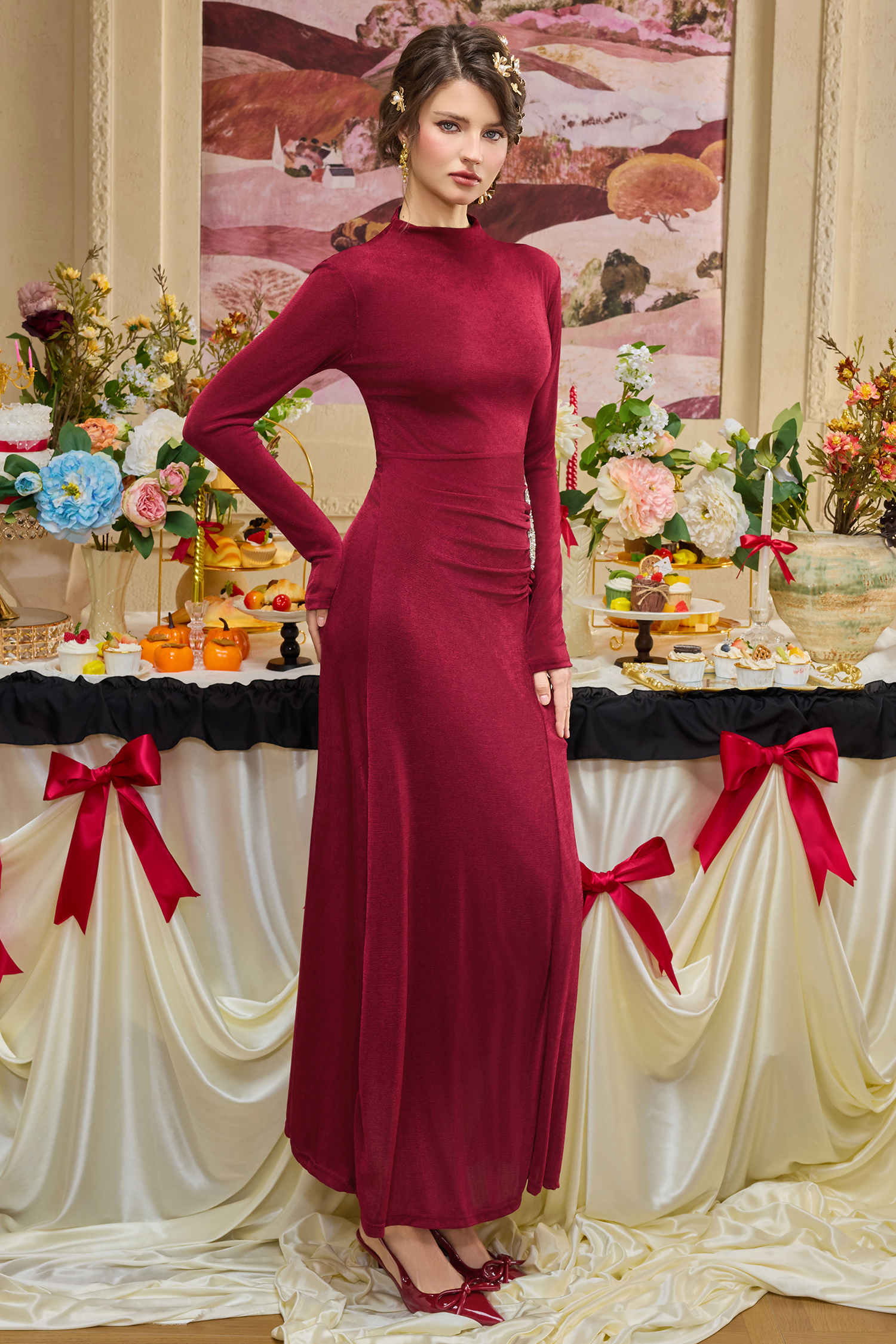 Jersey Rhinestone Gathering Maxi Dress