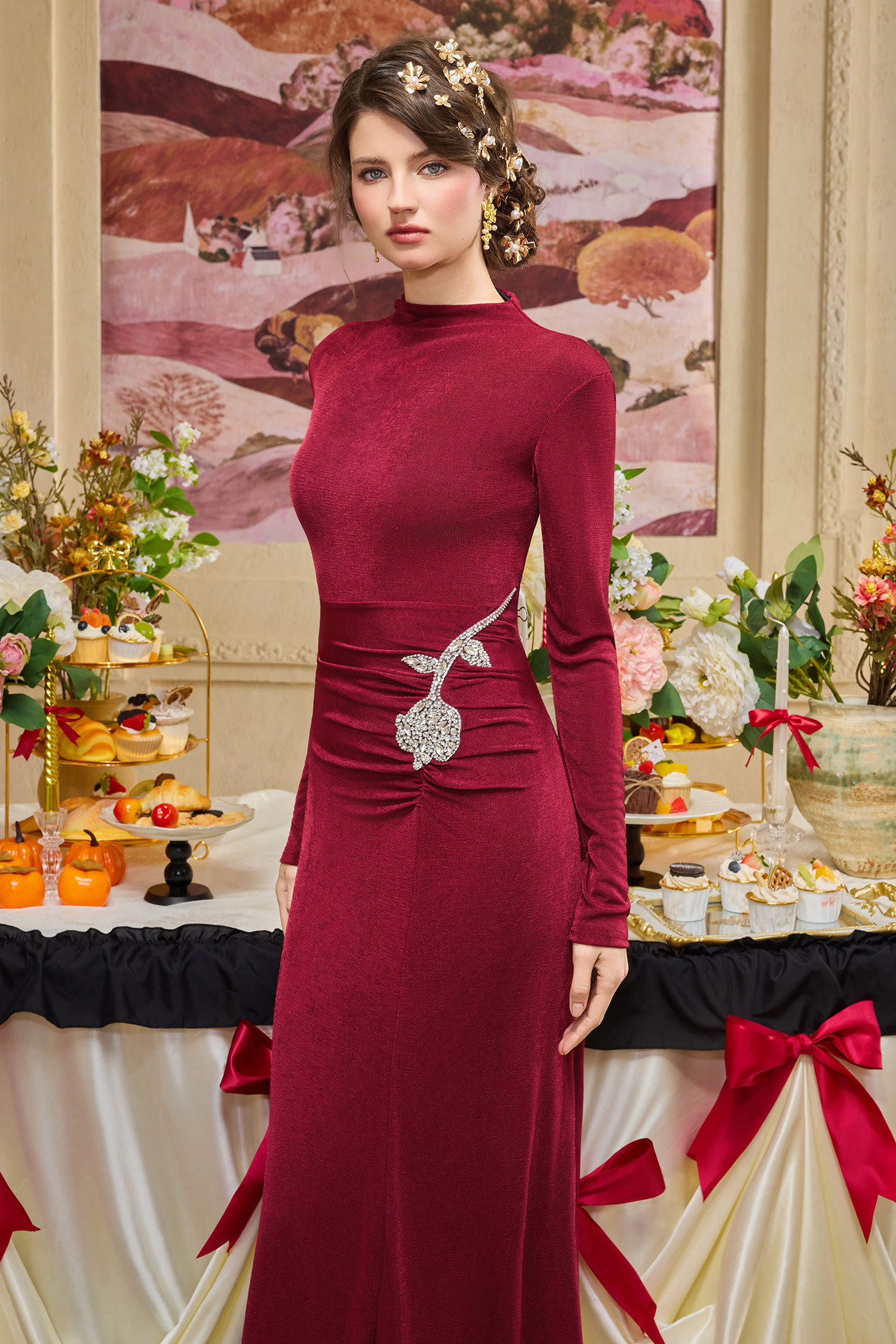 Jersey Rhinestone Gathering Maxi Dress