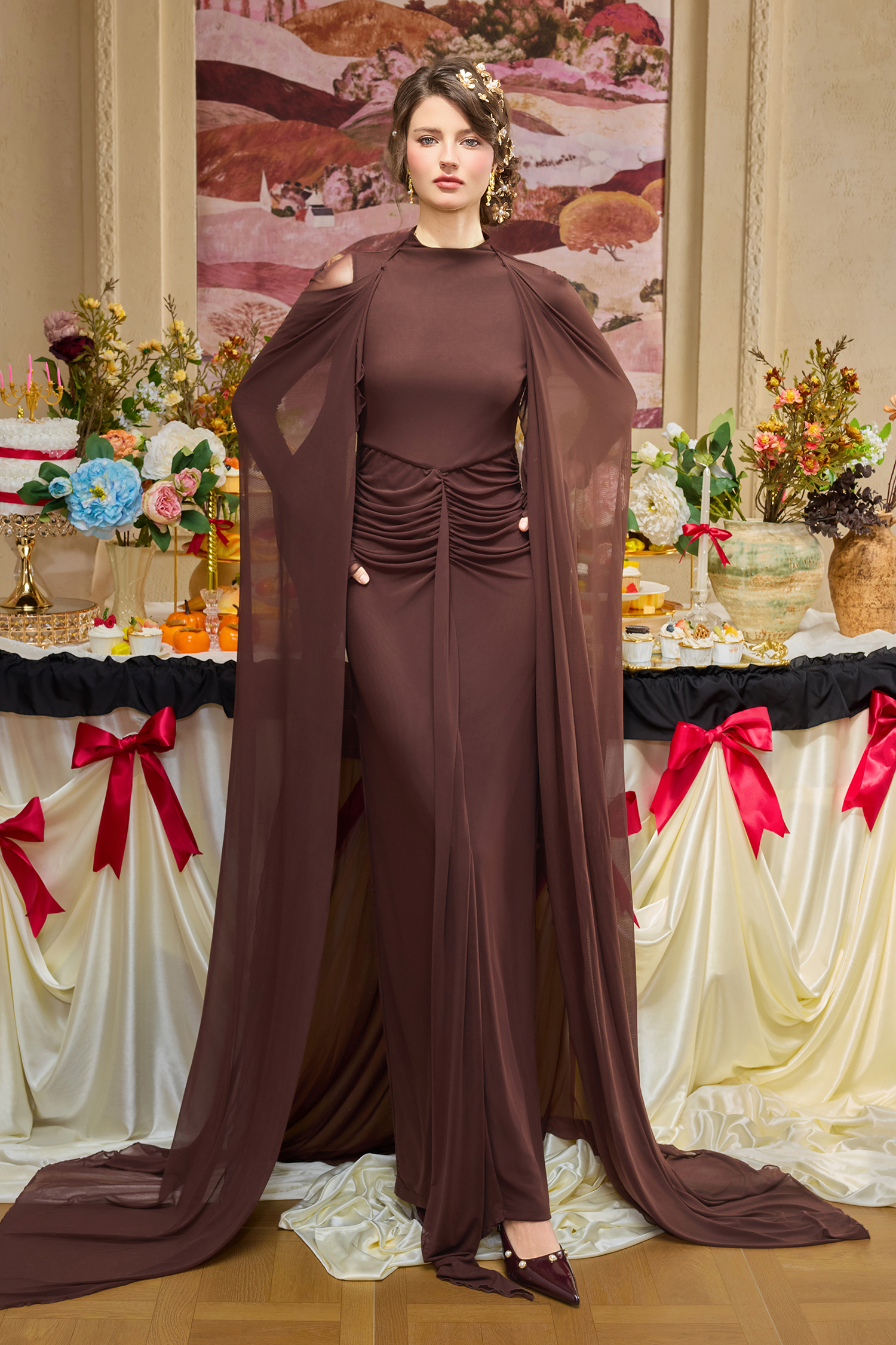 Jersey Solid Maxi Dress With Cape