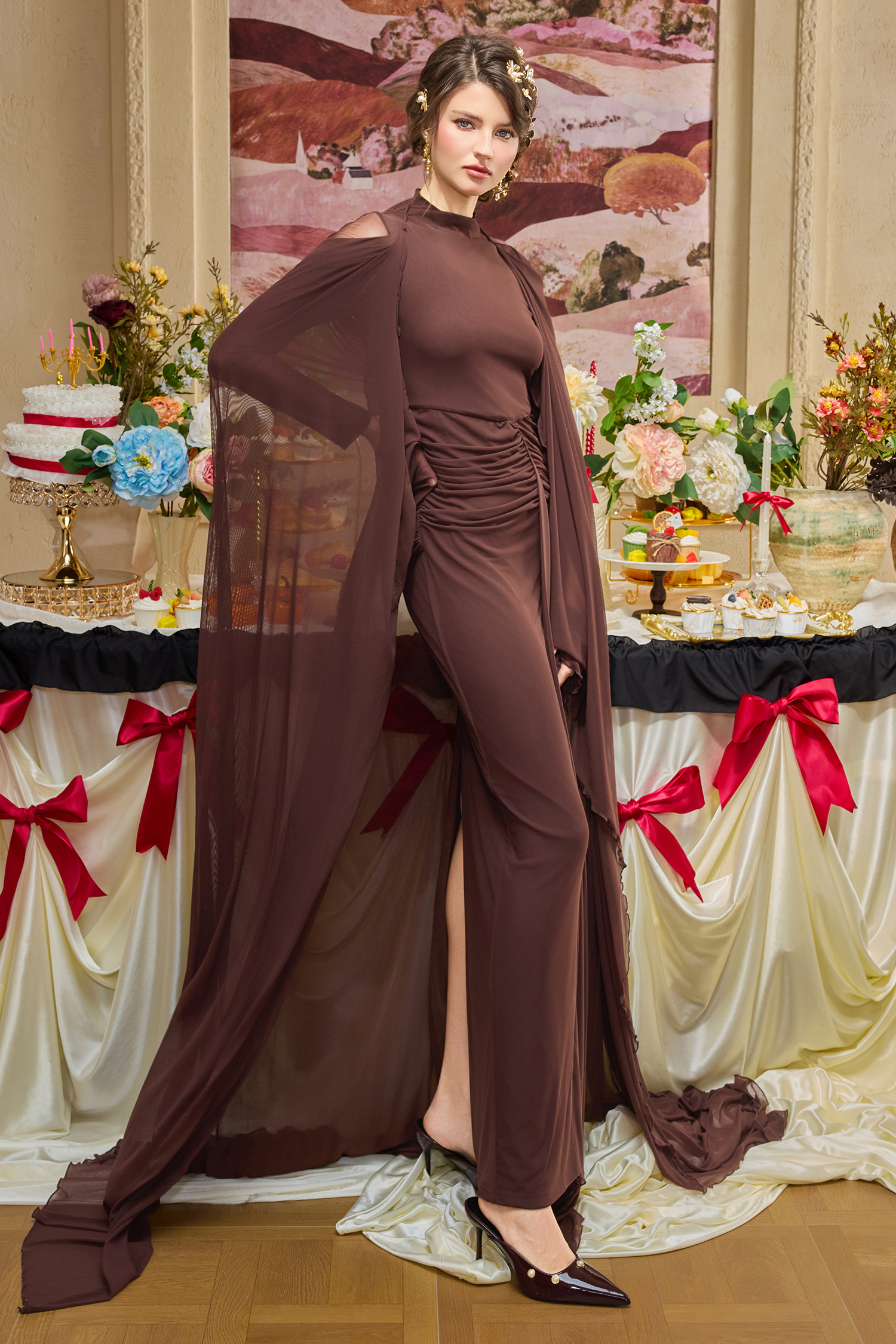 Jersey Solid Maxi Dress With Cape