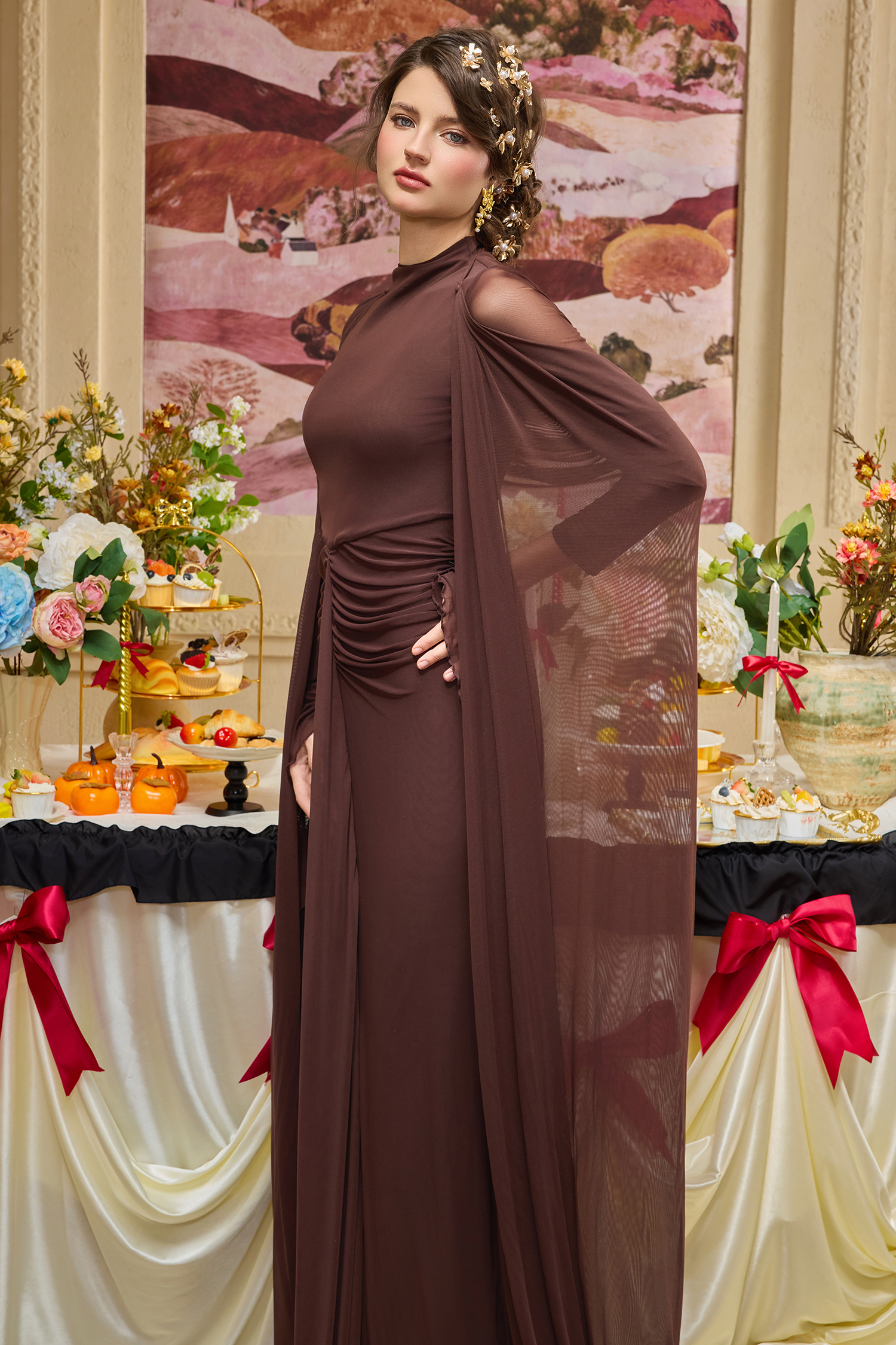 Jersey Solid Maxi Dress With Cape