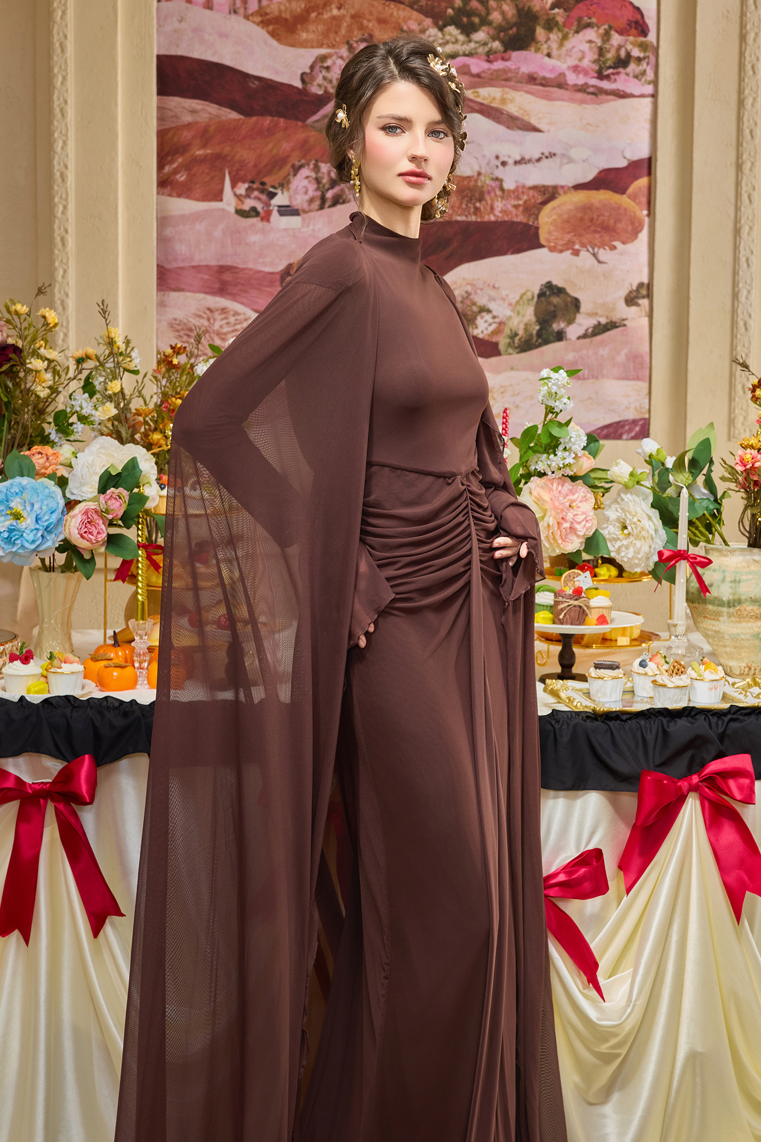 Jersey Solid Maxi Dress With Cape