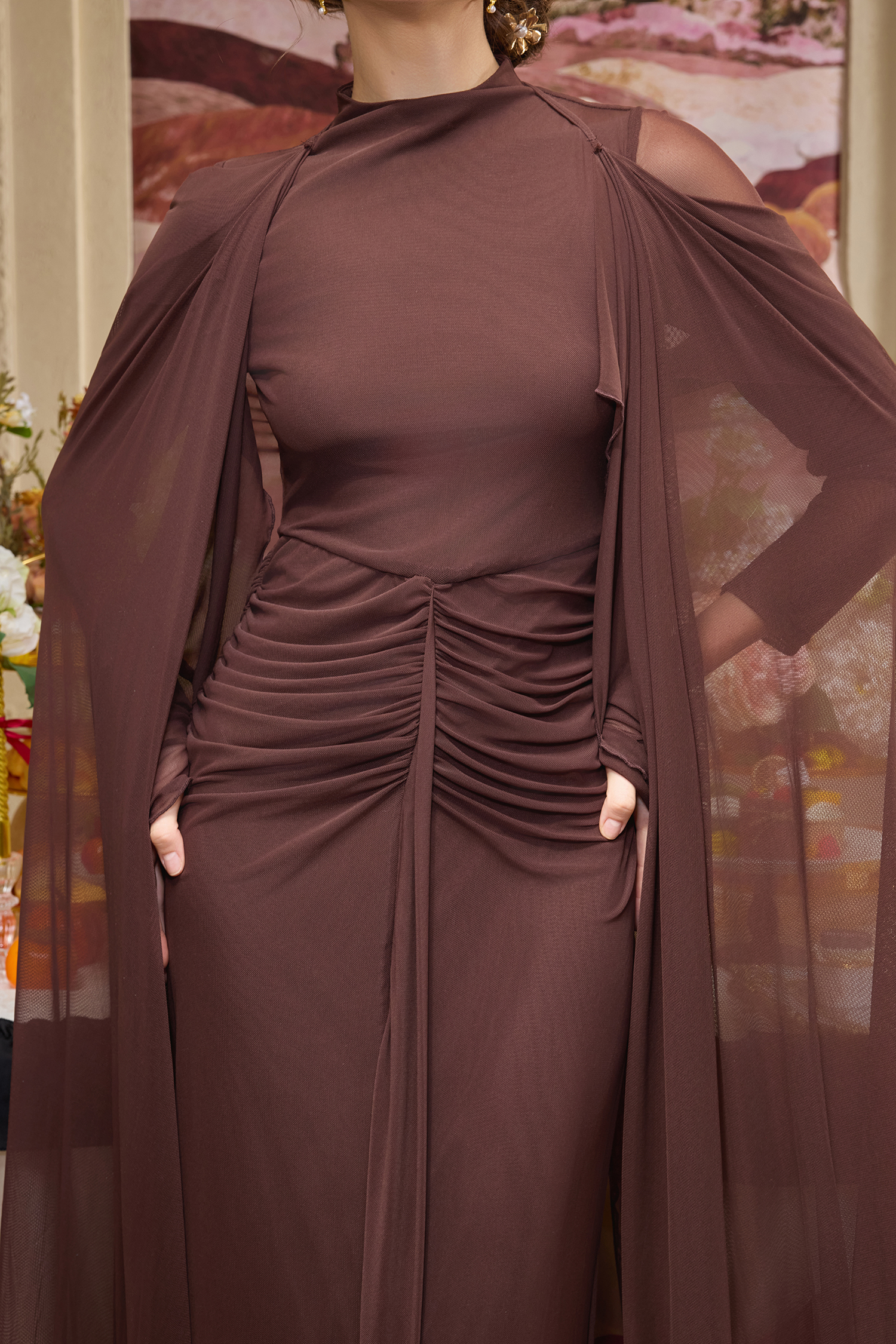 Jersey Solid Maxi Dress With Cape