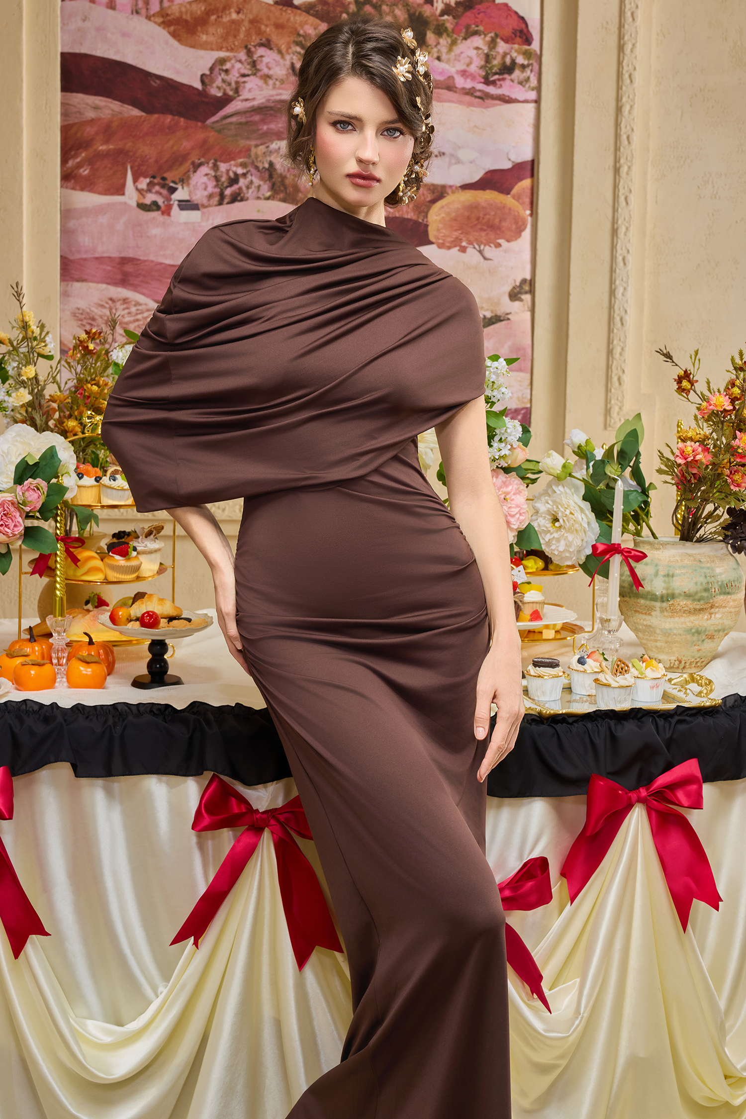 Jersey Gathering Asymmetrical Maxi Dress