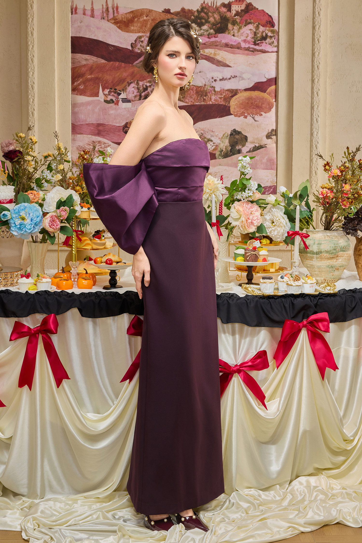 Satin Splicing Off-Shoulder Midi Dress