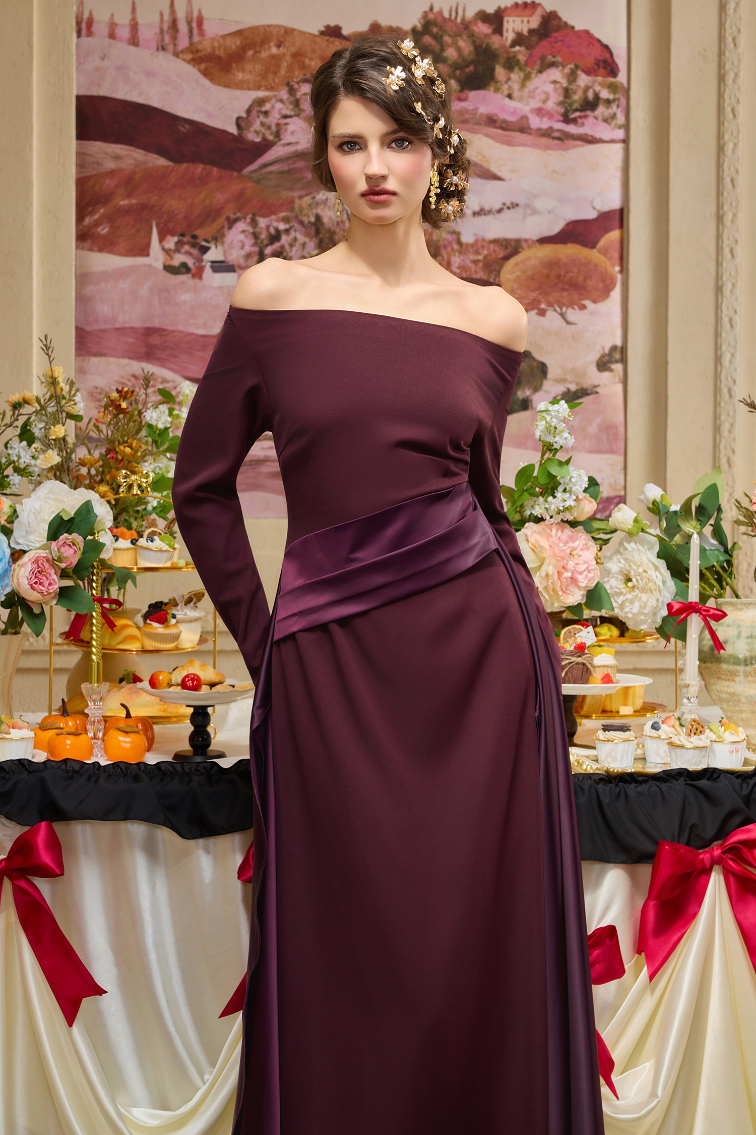 Satin Splicing Off-Shoulder Maxi Dress
