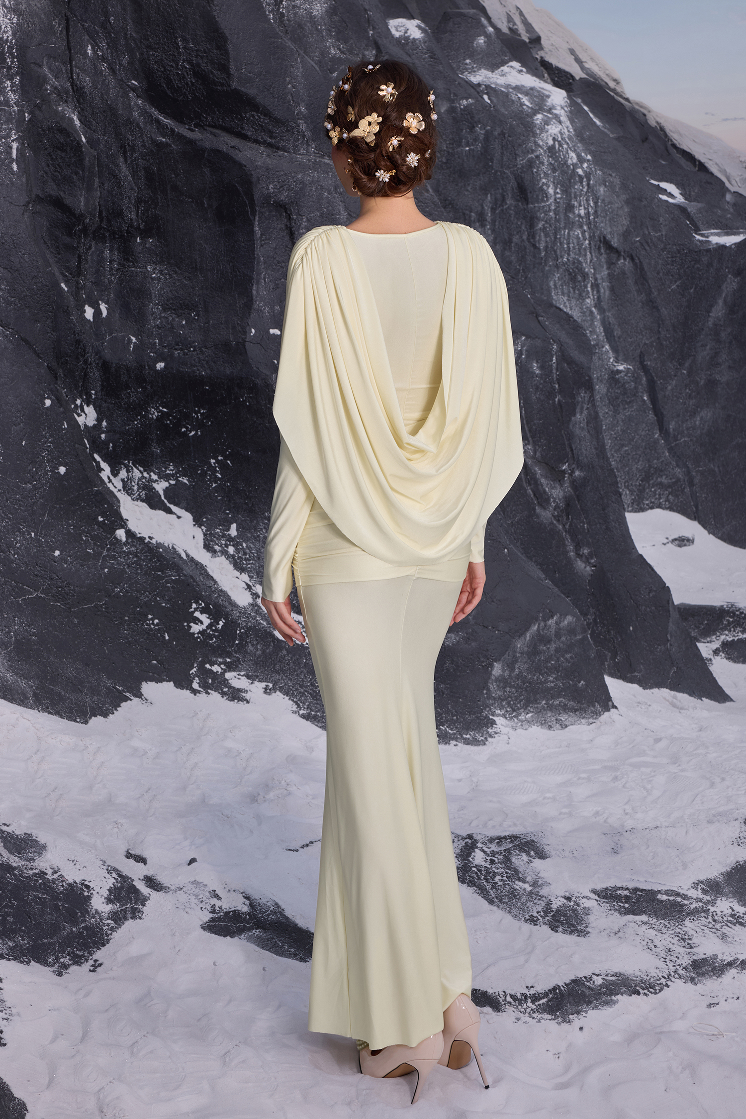 Jersey Draped Long Sleeve Maxi Dress
