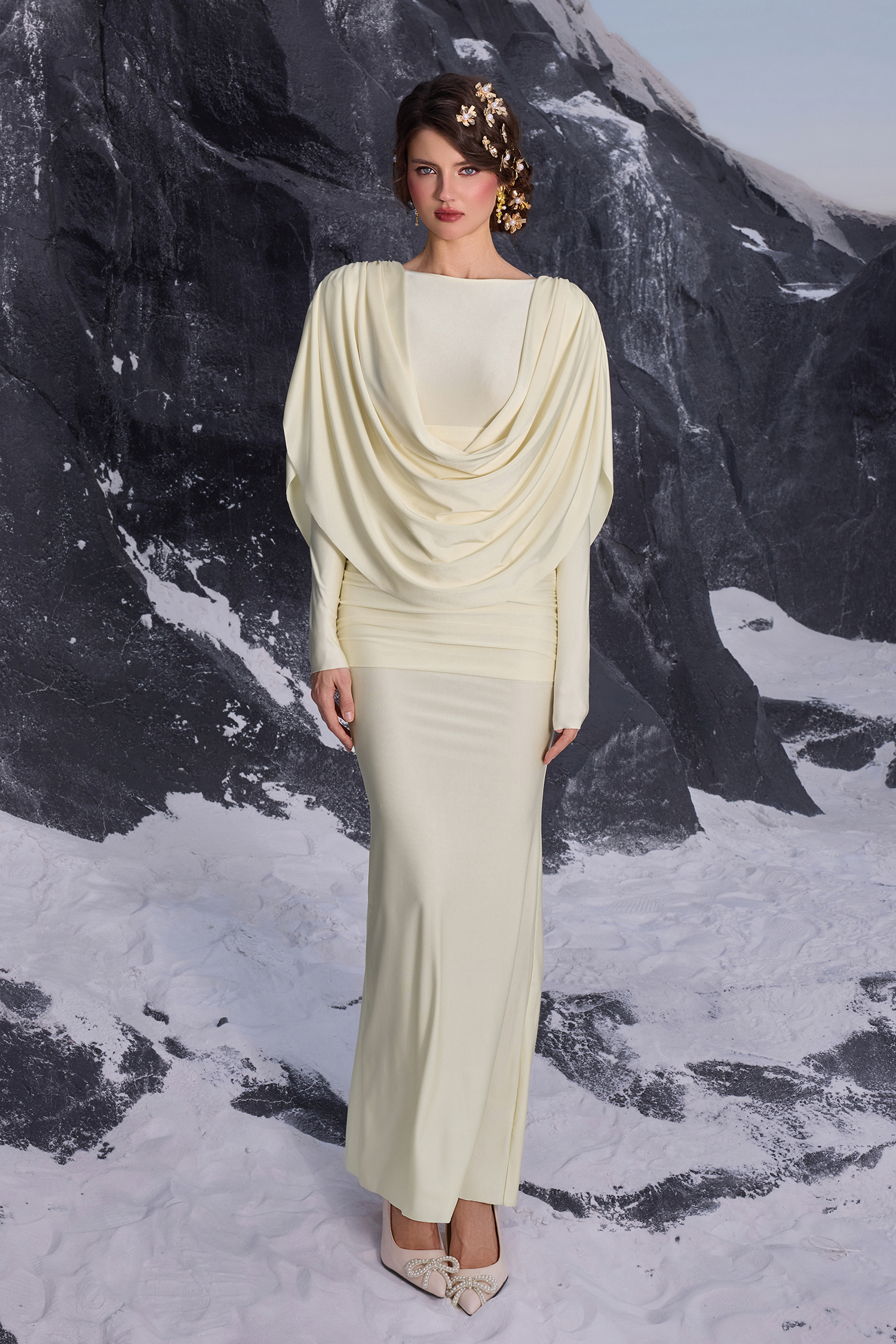 Jersey Draped Long Sleeve Maxi Dress