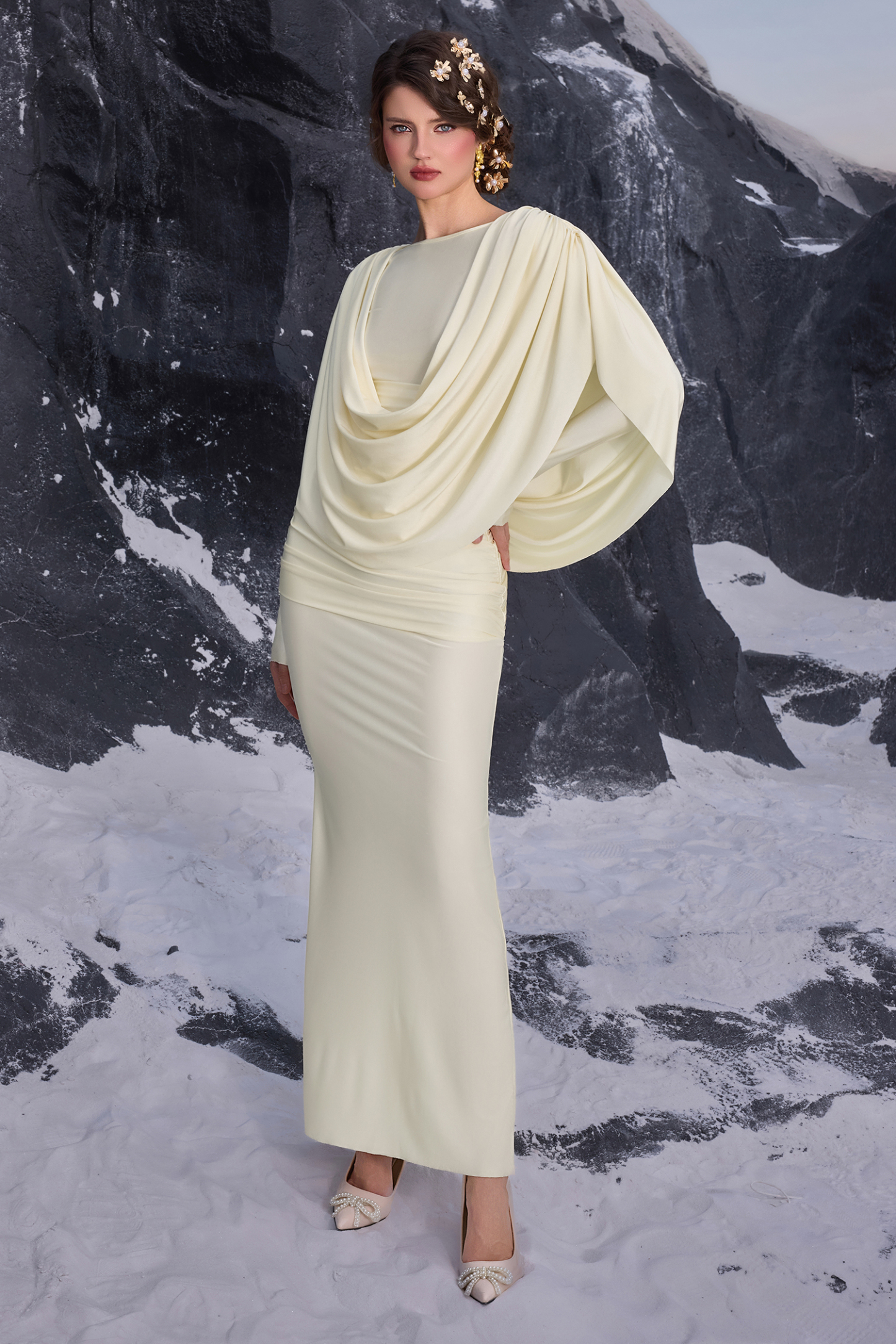Jersey Draped Long Sleeve Maxi Dress