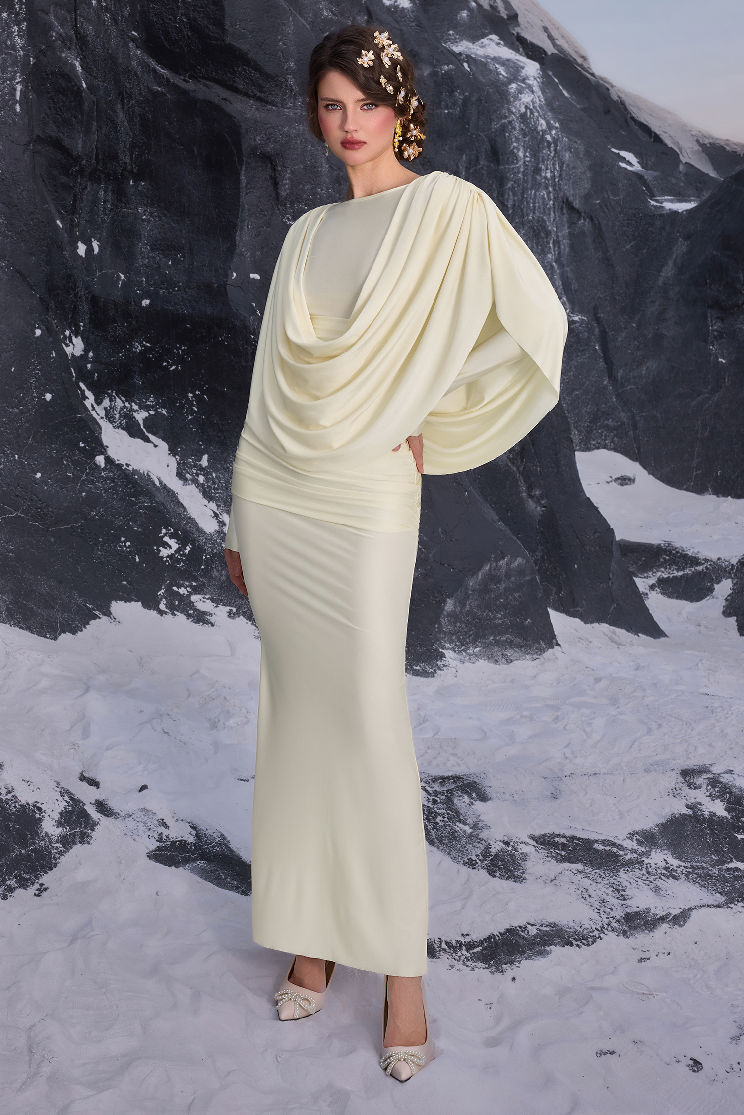 Jersey Draped Long Sleeve Maxi Dress
