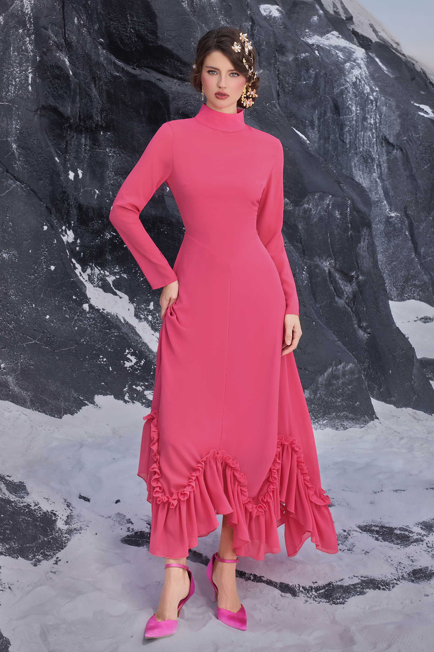 Ruffle Chiffon High Neck Maxi Dress