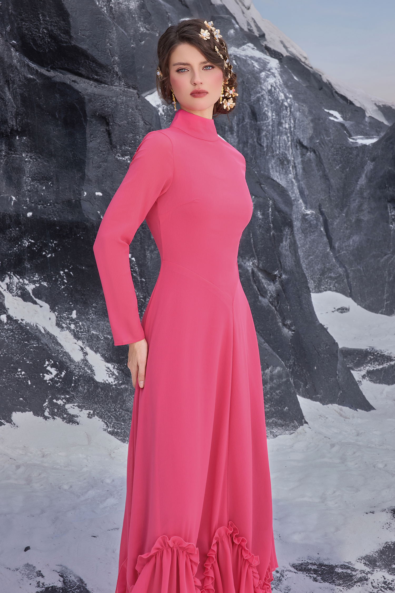 Ruffle Chiffon High Neck Maxi Dress