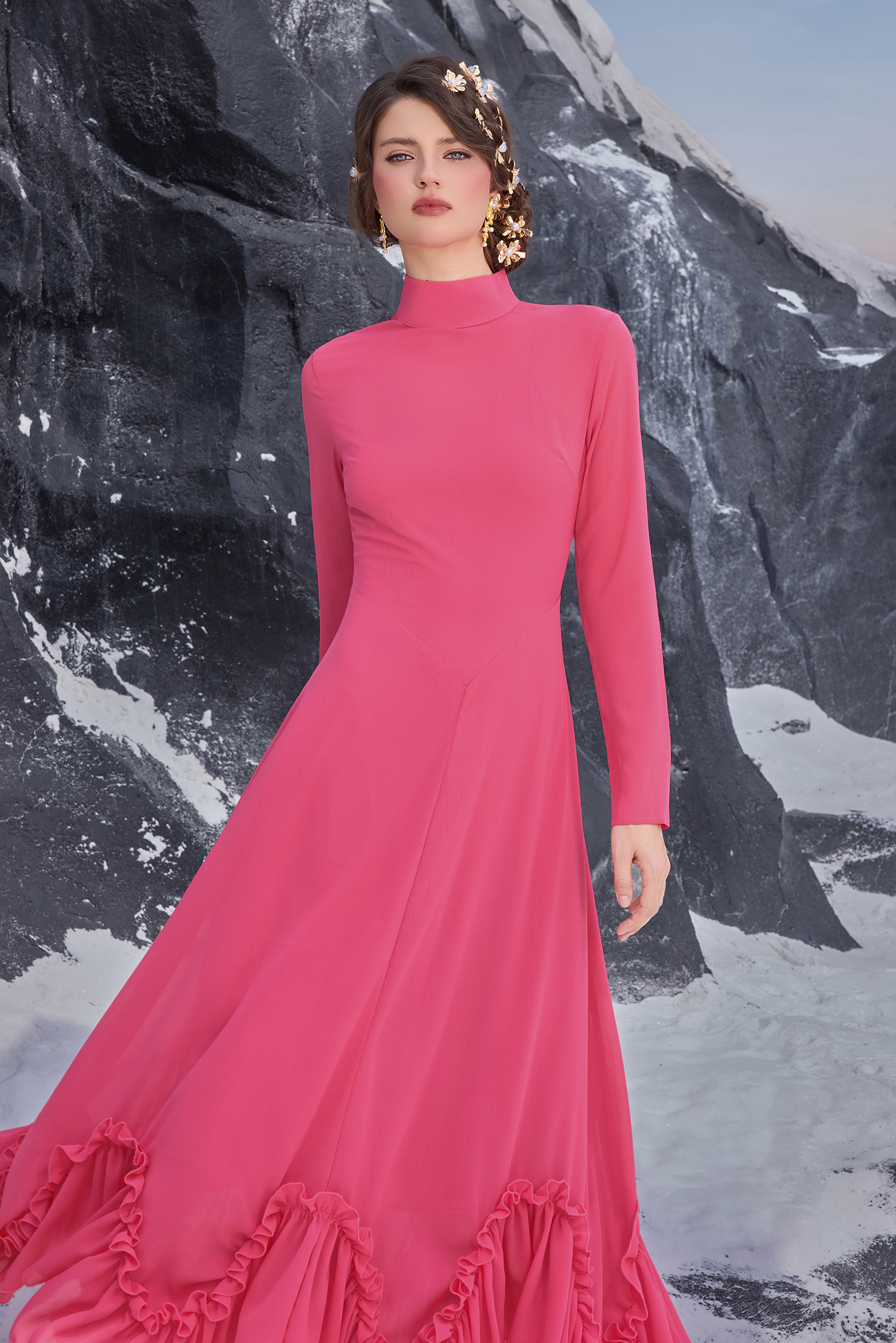 Ruffle Chiffon High Neck Maxi Dress