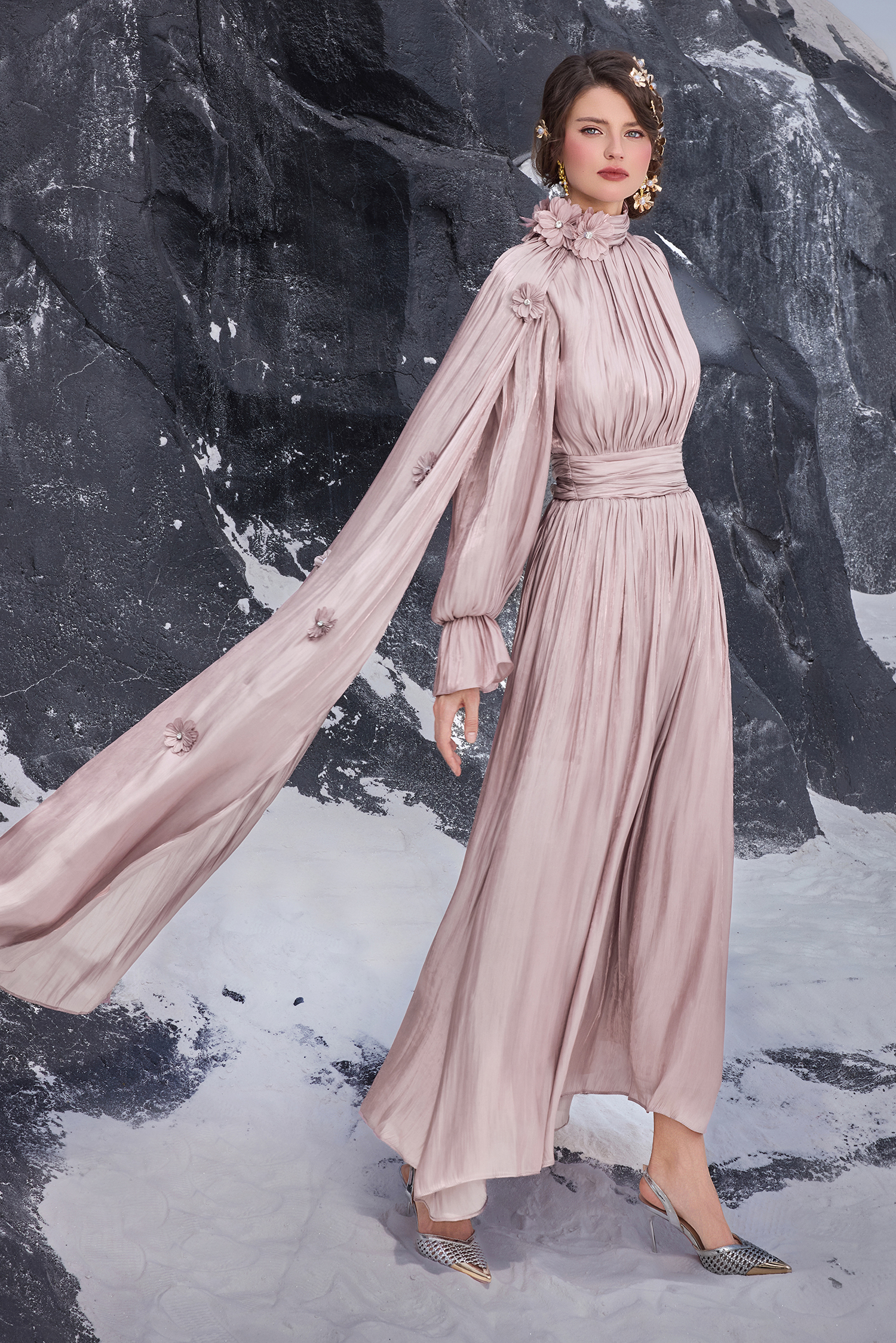 3D Flower Gathering Cape Maxi Dress