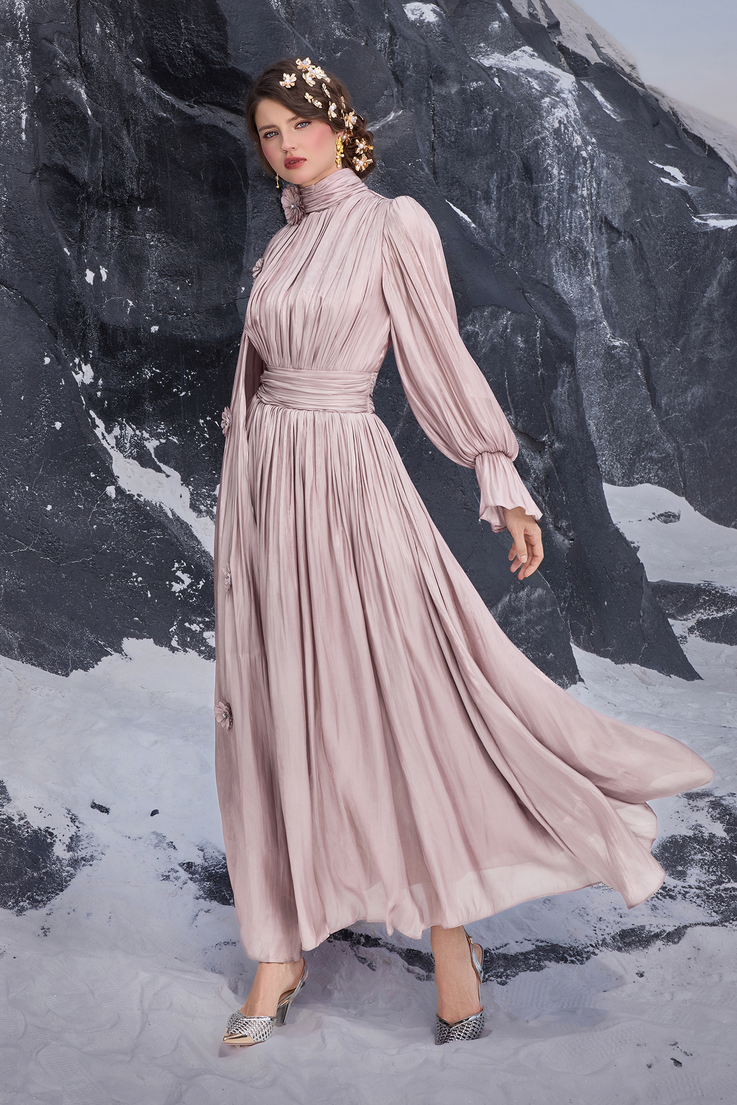 3D Flower Gathering Cape Maxi Dress