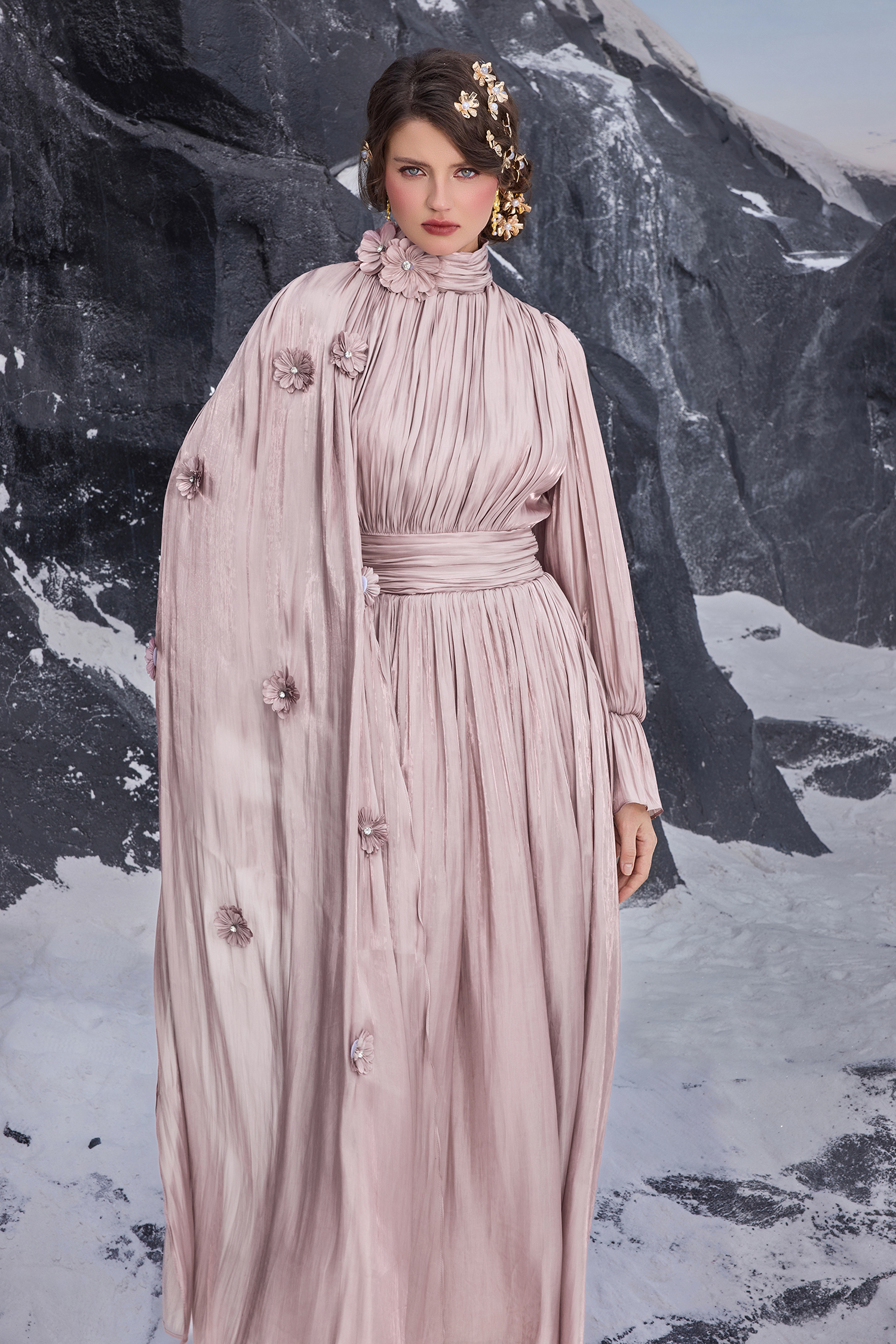 3D Flower Gathering Cape Maxi Dress